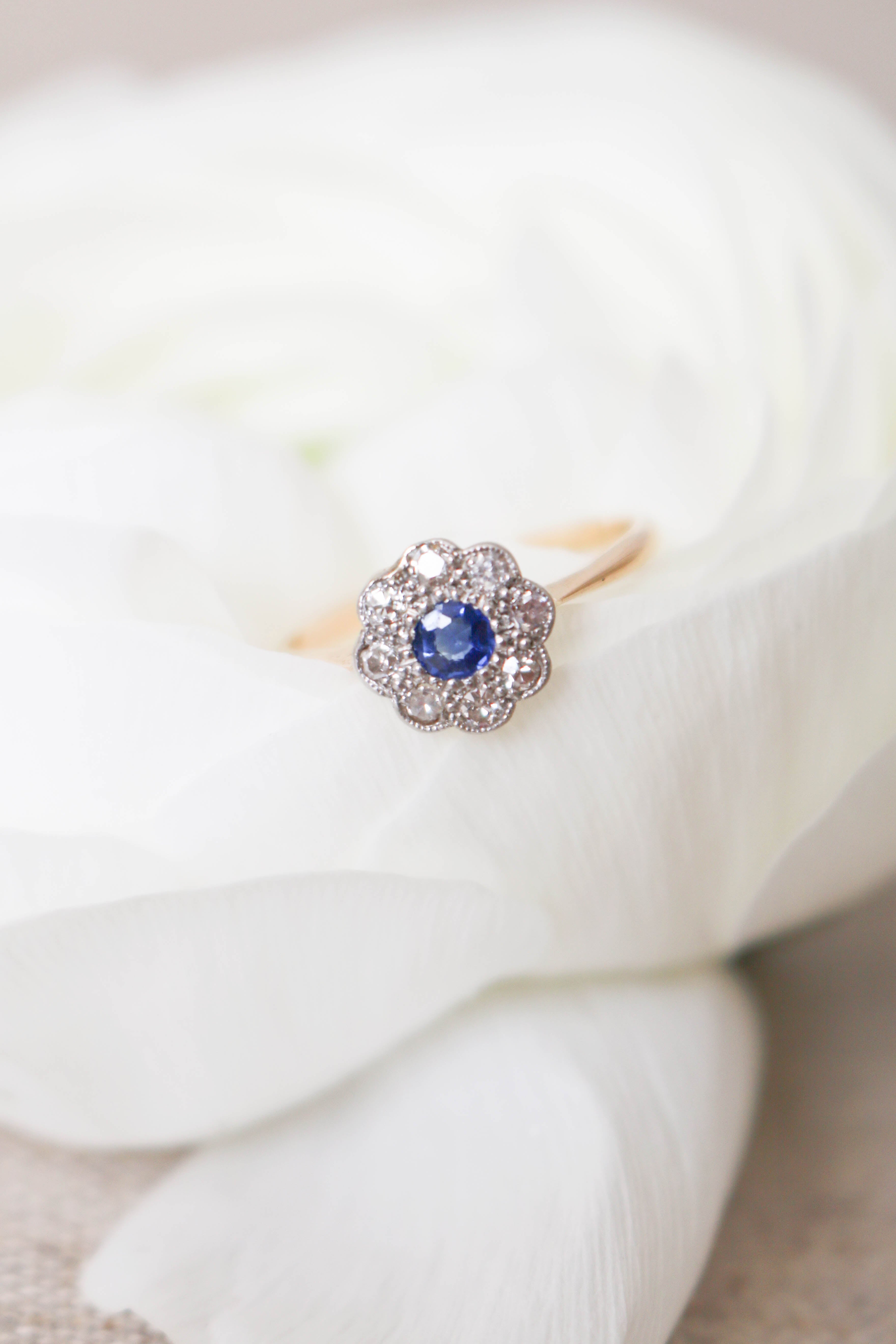 Daphne 18k Yellow and White Gold Vintage Sapphire and Diamond Engagement Ring-6