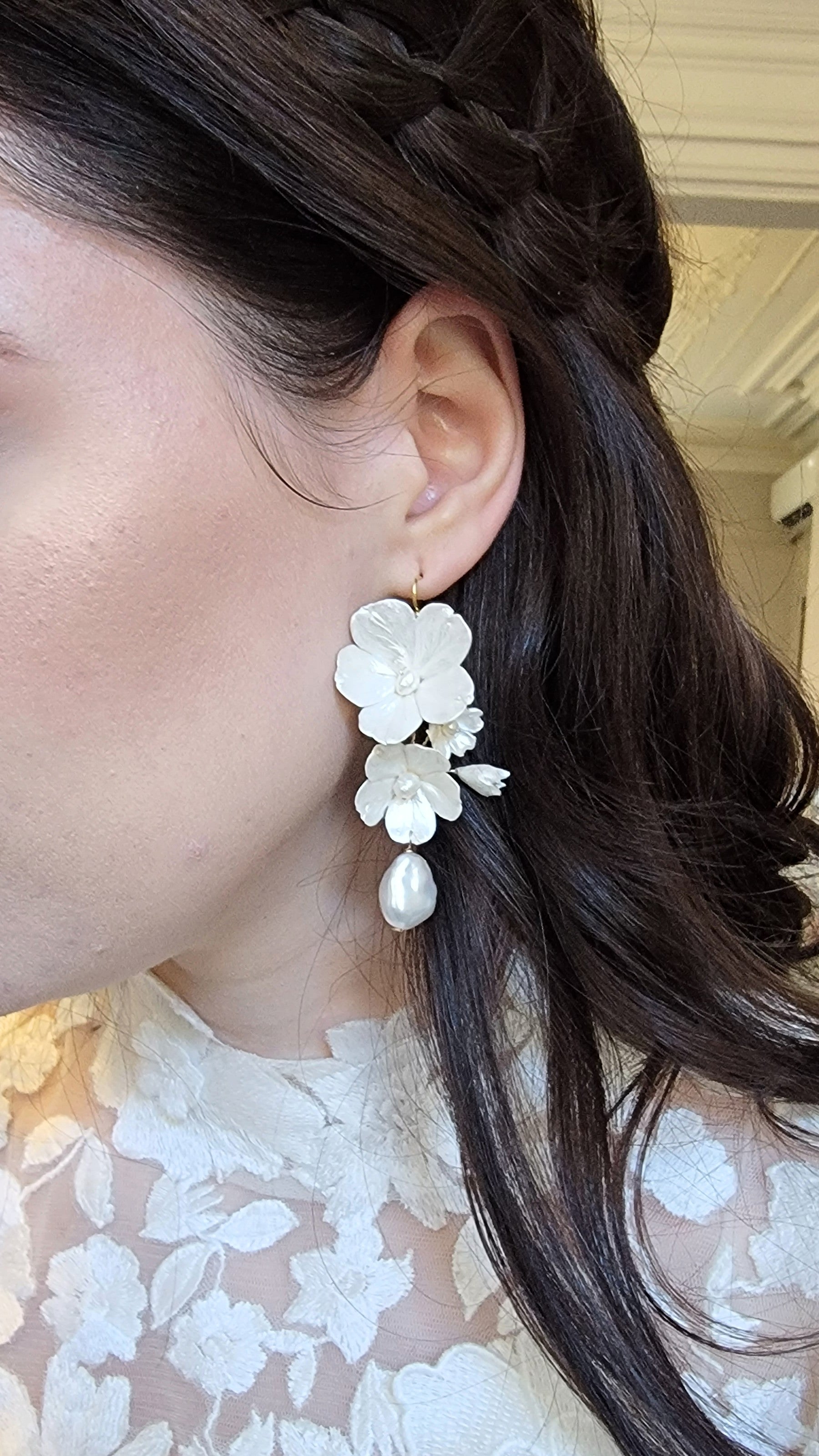 Maisie Baroque Pearl and Clay Flower Bridal Earrings-1