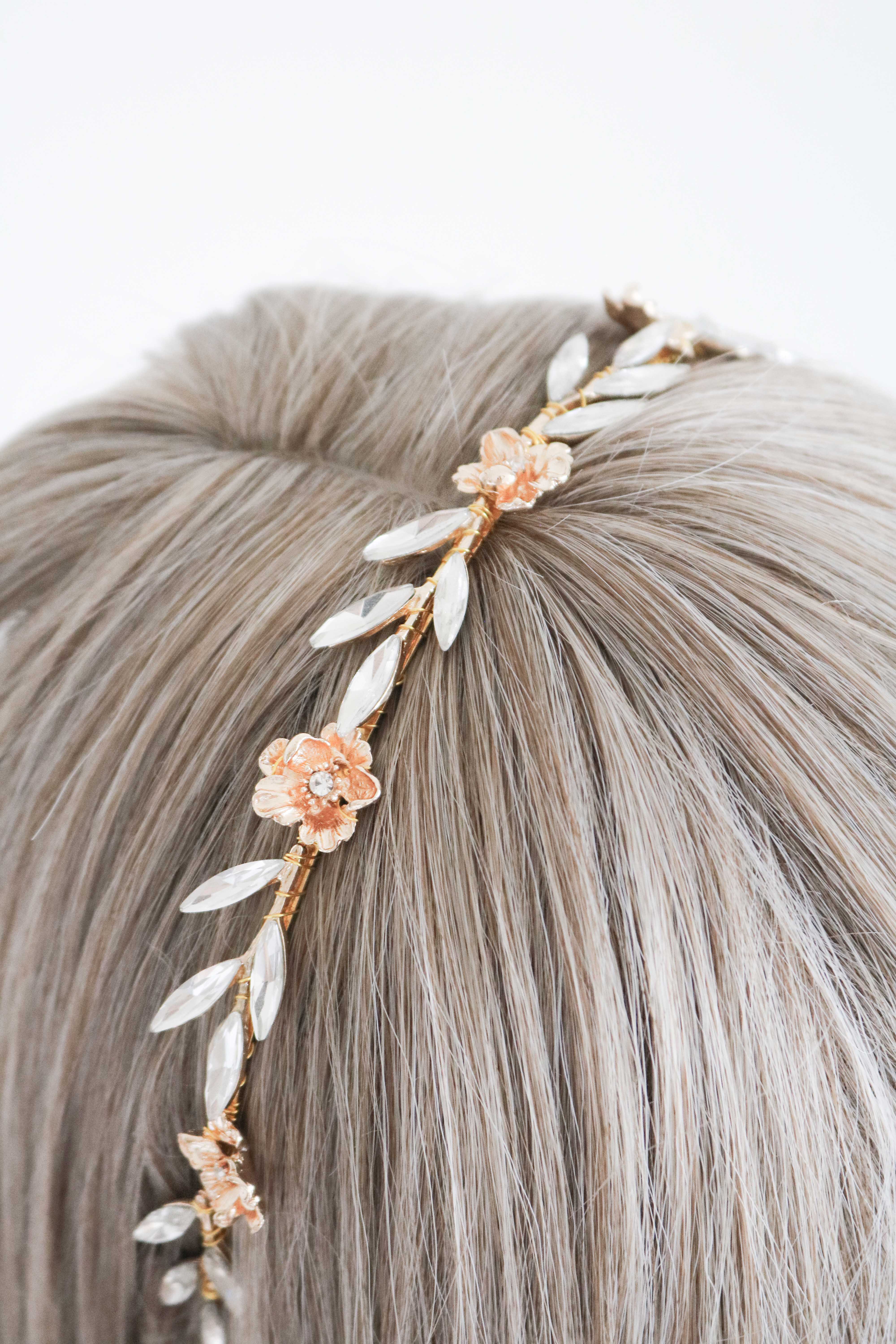 Rosalie Crystal Leaf and Gold Rose Headband-5