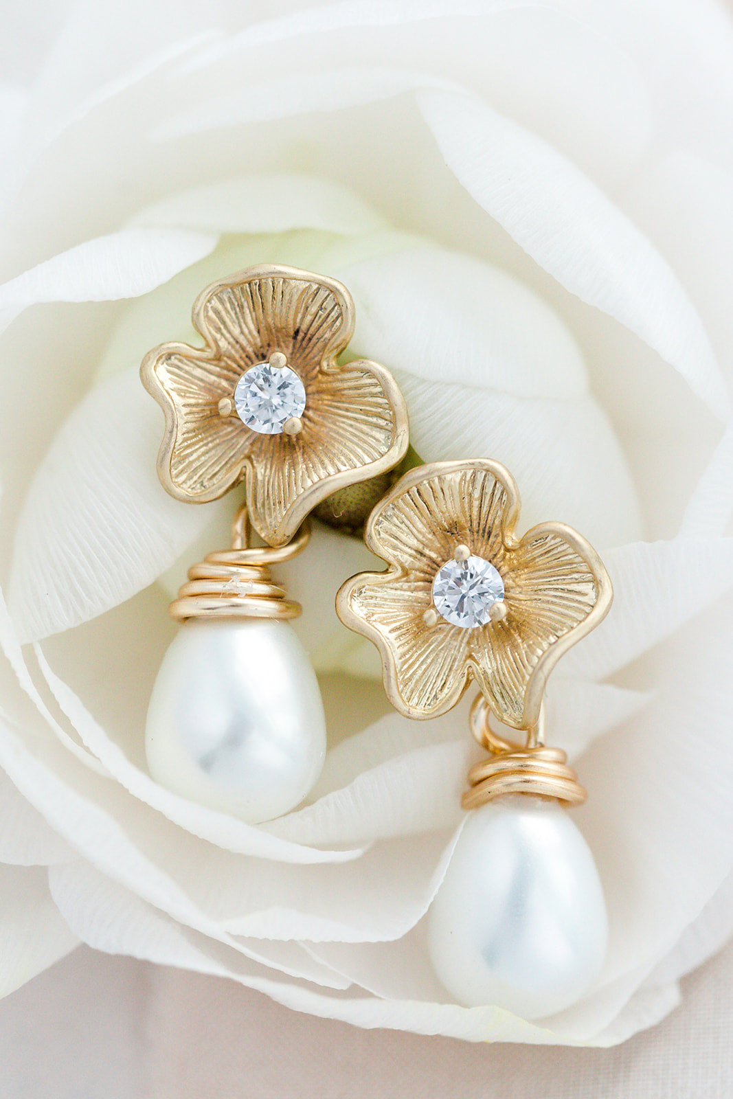 Liona Flower Crystal Pearl Drop Diamond Earrings-0
