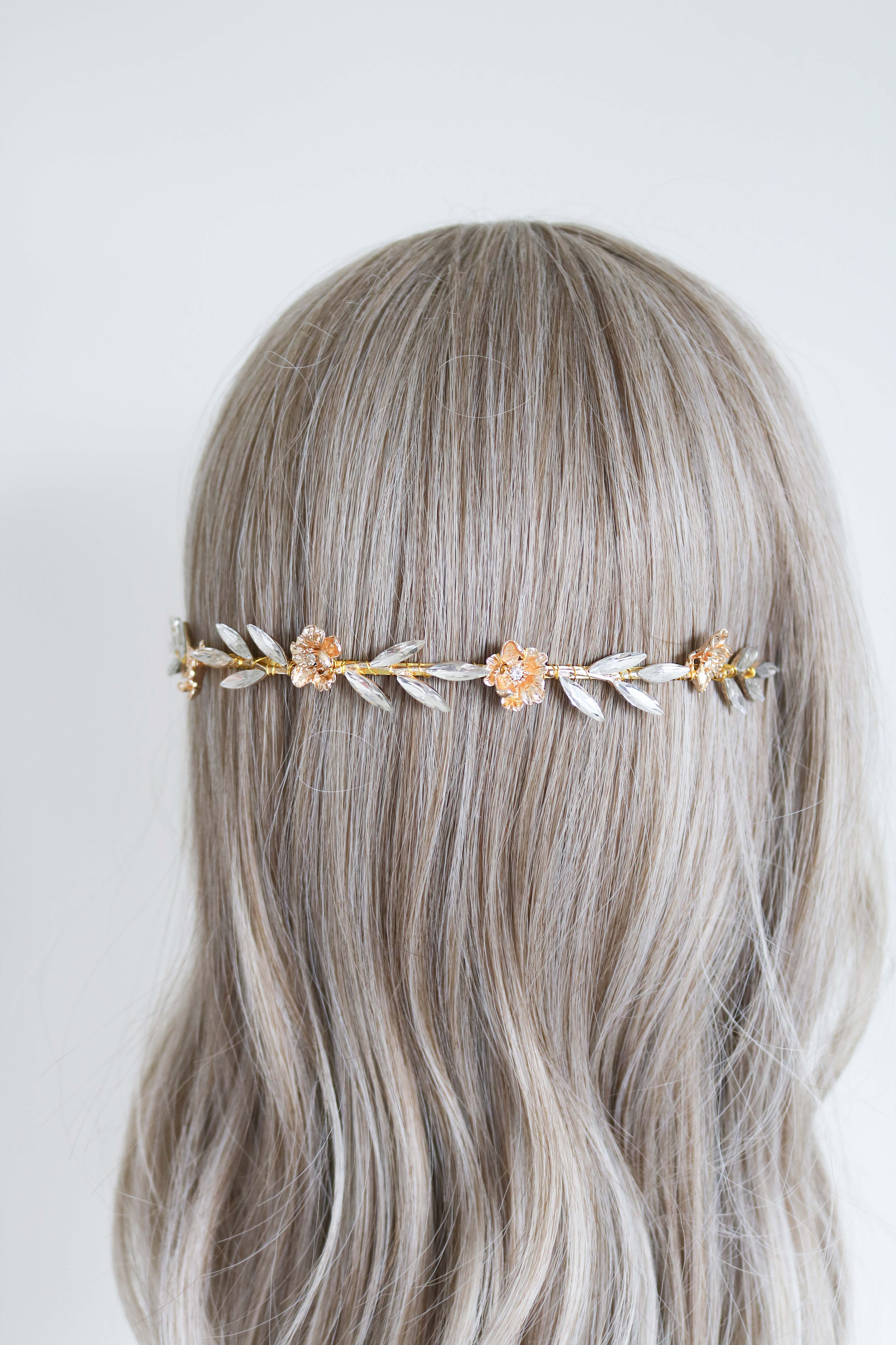 Rosalie Crystal Leaf and Gold Rose Headband-8