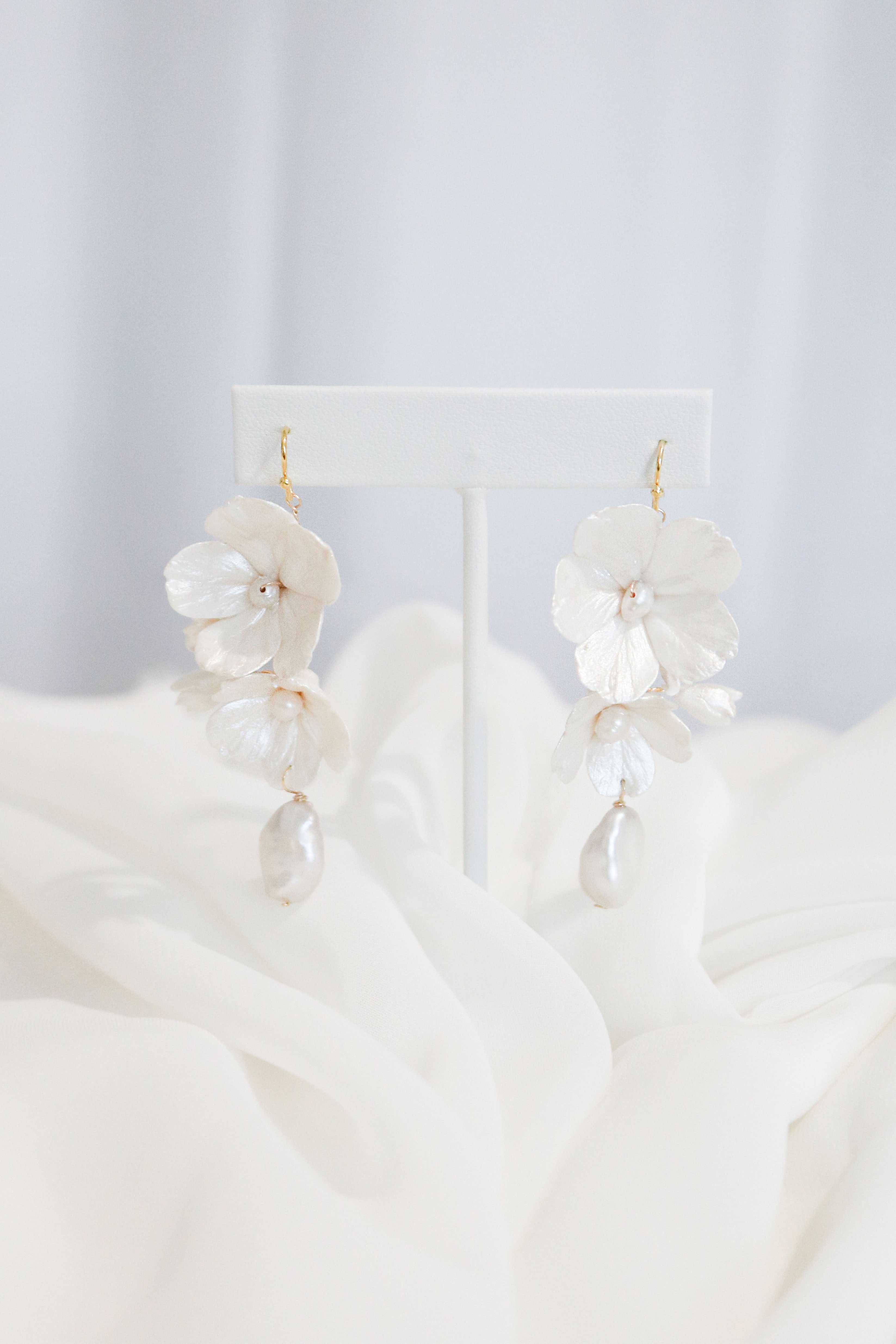 Maisie Baroque Pearl and Clay Flower Bridal Earrings-4