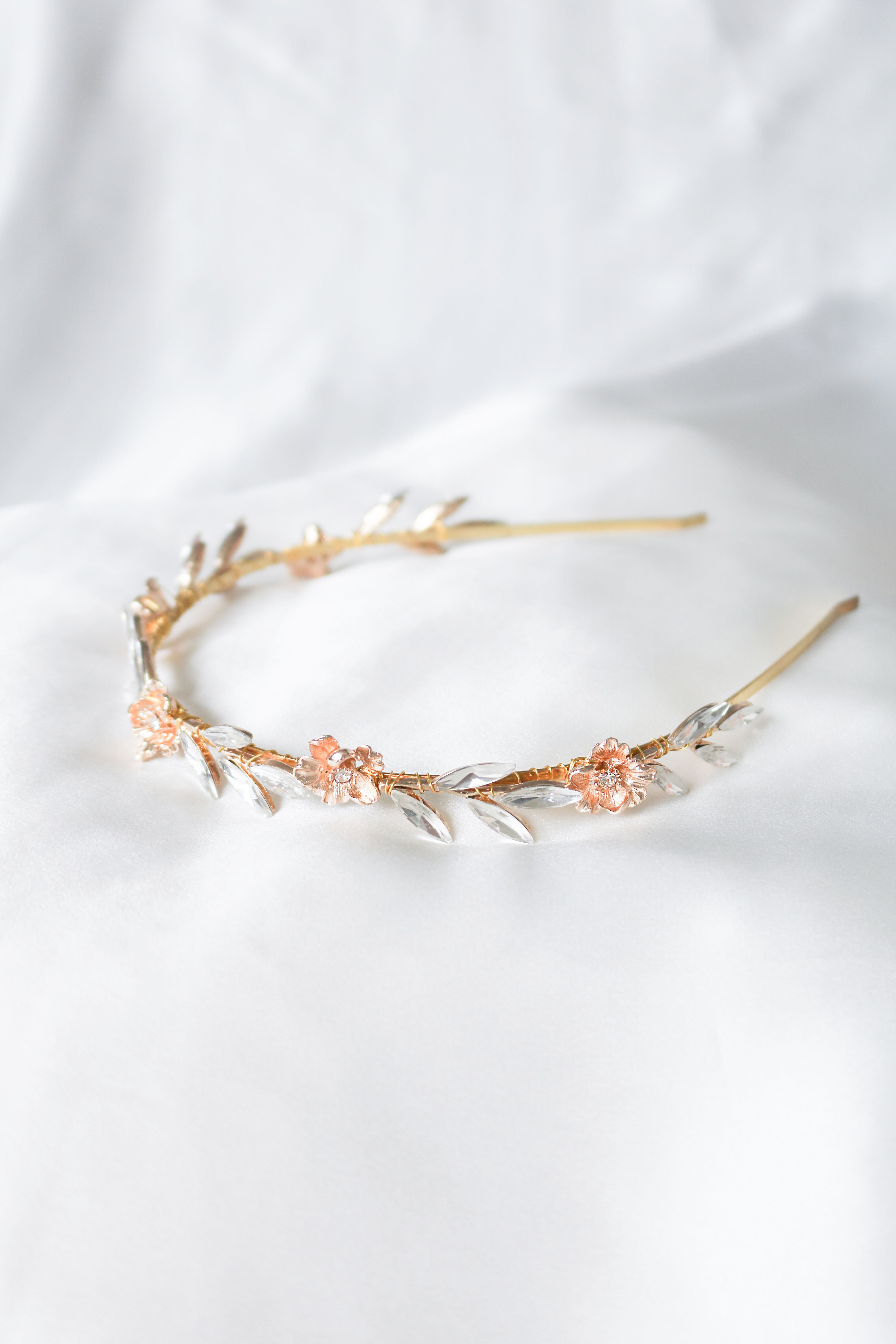 Rosalie Crystal Leaf and Gold Rose Headband-9