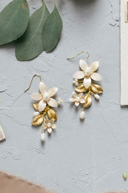 Evanthe Floral Bridal Earrings with Fresh Water Pearls and Enamel-0