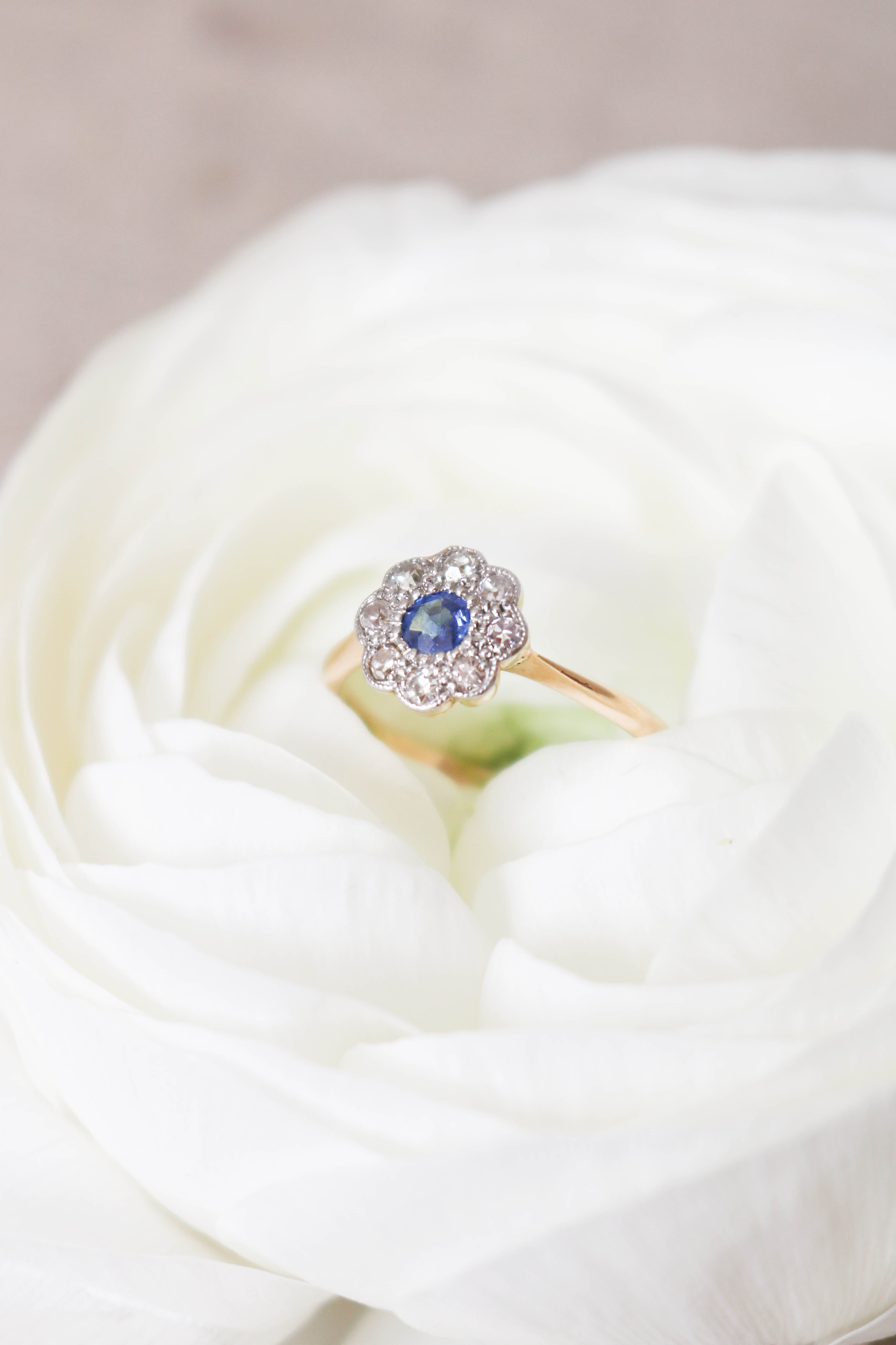 Daphne 18k Yellow and White Gold Vintage Sapphire and Diamond Engagement Ring-3