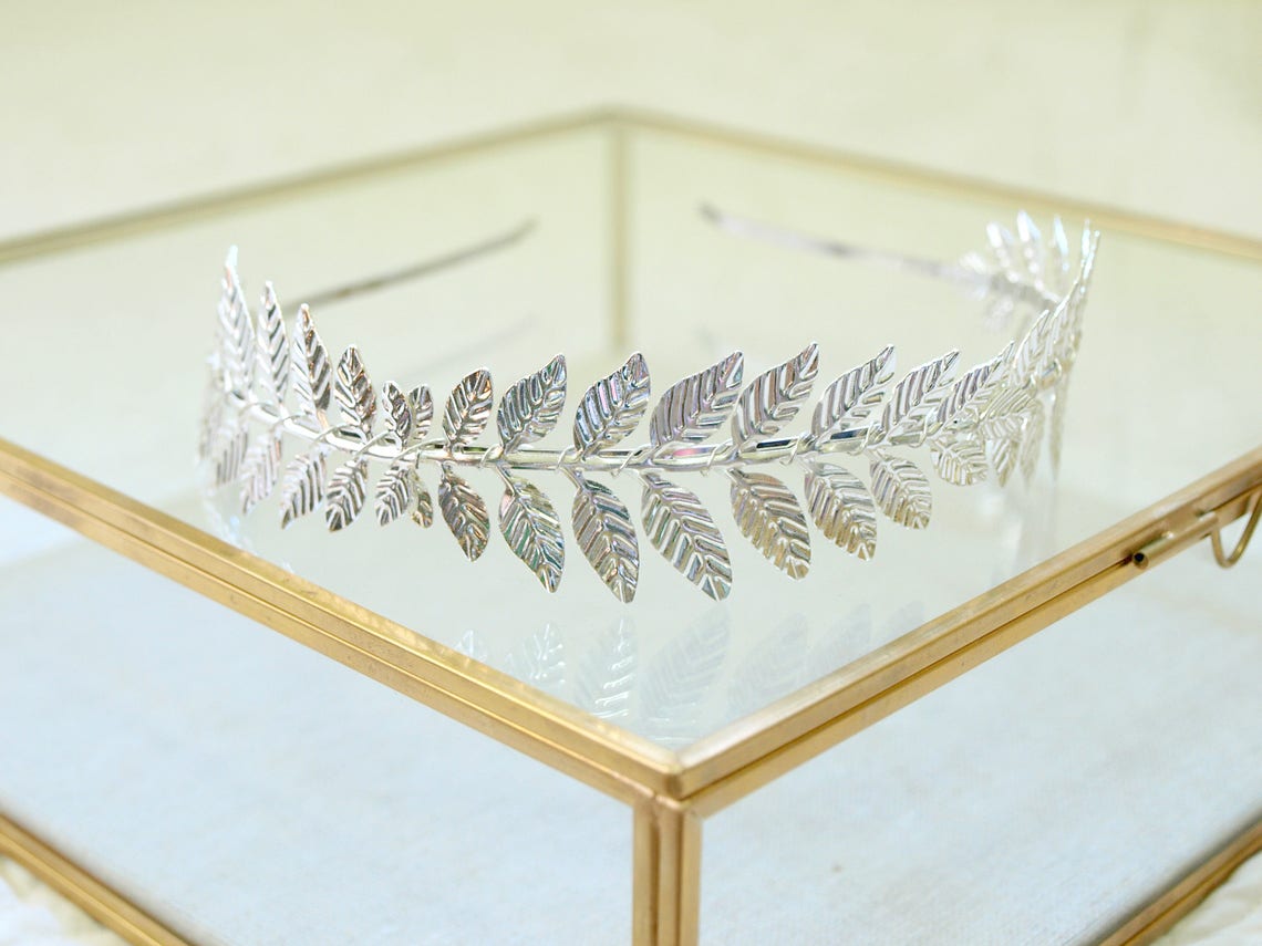 Athena Leaf Headband with Wire-wrapped Silver Laurel Leaves.