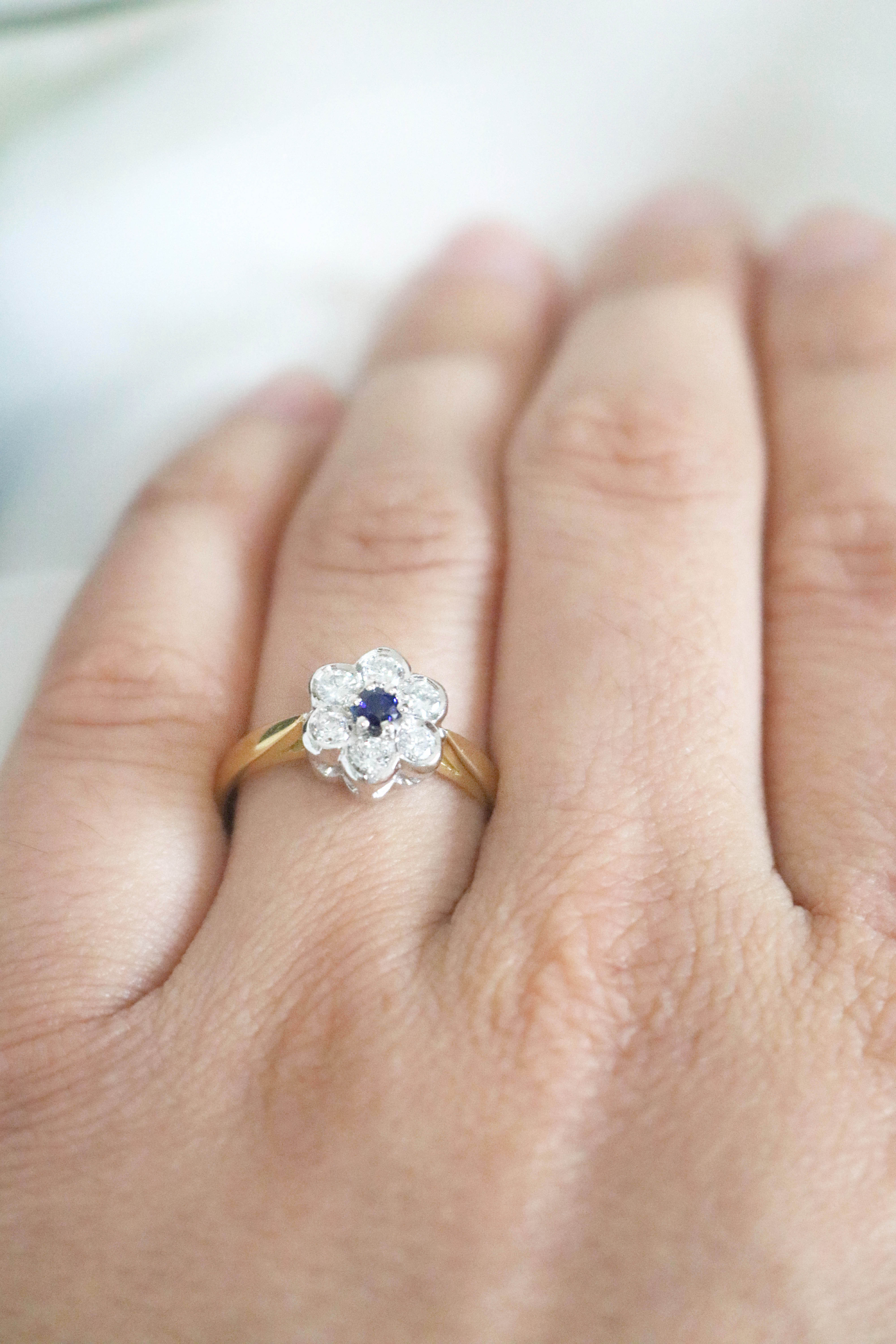 Florah Diamond Flower and Sapphire Vintage Engagement Ring-7