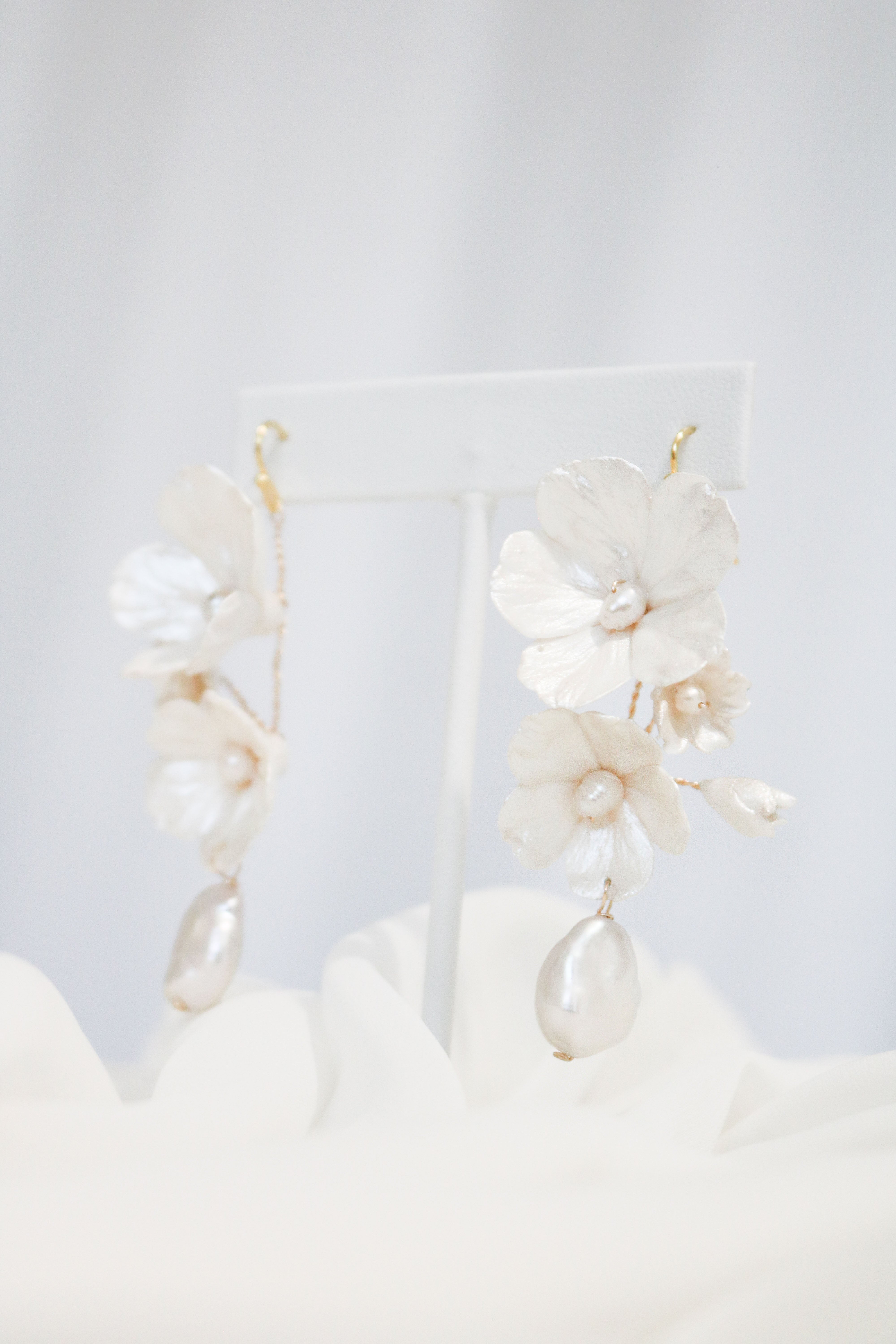 Maisie Baroque Pearl and Clay Flower Bridal Earrings-5