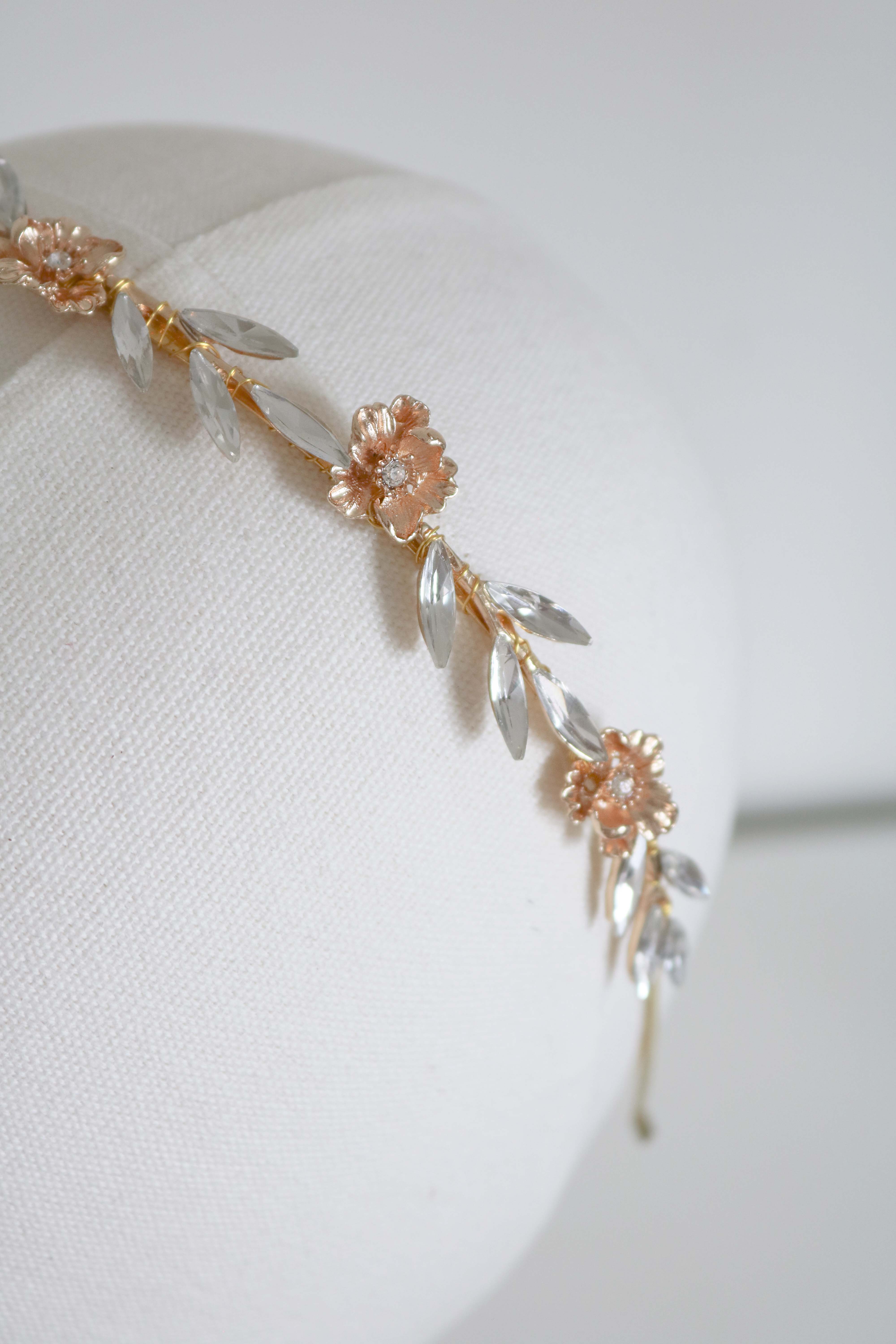 Rosalie Crystal Leaf and Gold Rose Headband-11