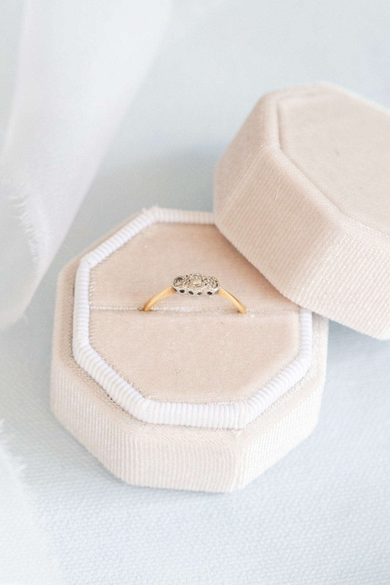 18K Gold Vintage Engagement Ring with Trilogy Diamonds in a velvet box. 