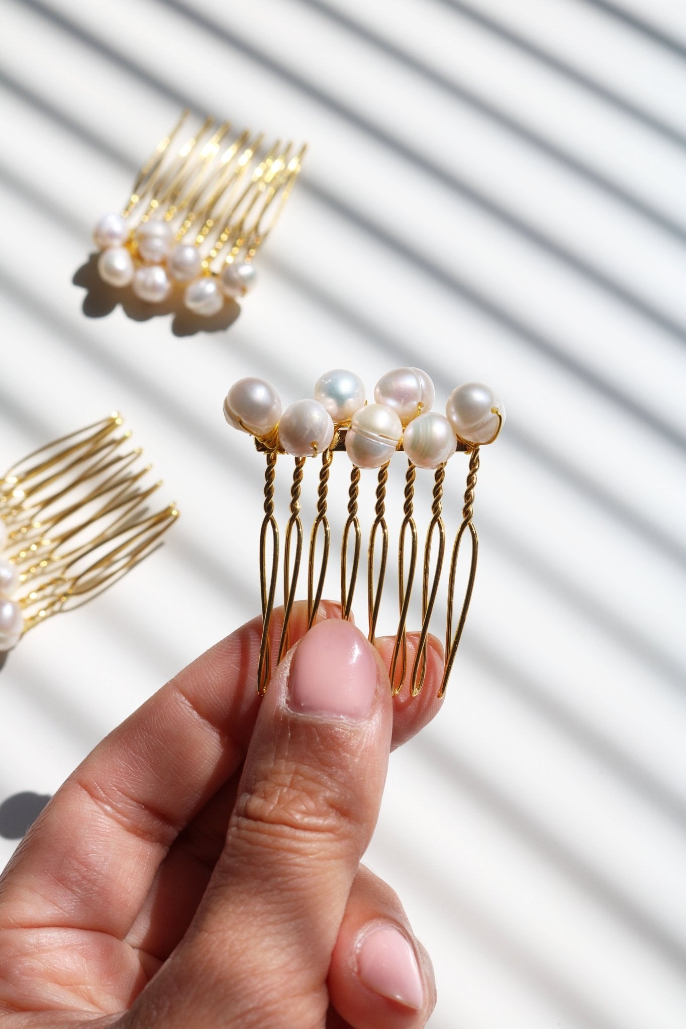 Multi-sized gold pearl hair combs for set of 3 bridal combs. 