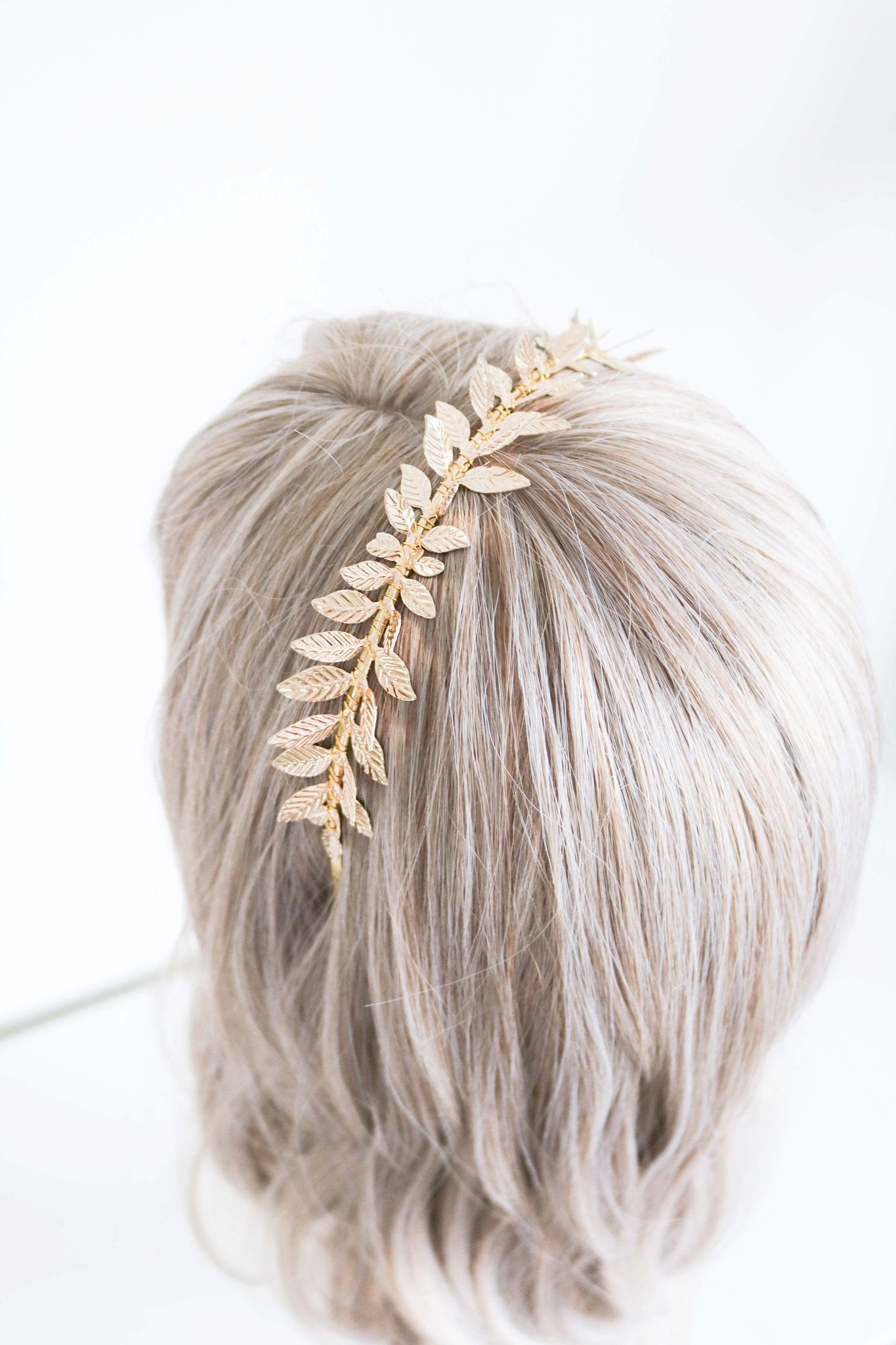 Gold laurel leaves wire-wrapped bridal headband.