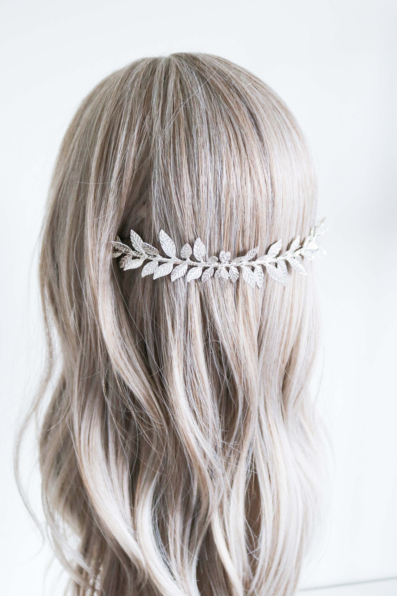 Silver pointed laurel leaves wire-wrapped headband for bridal. 