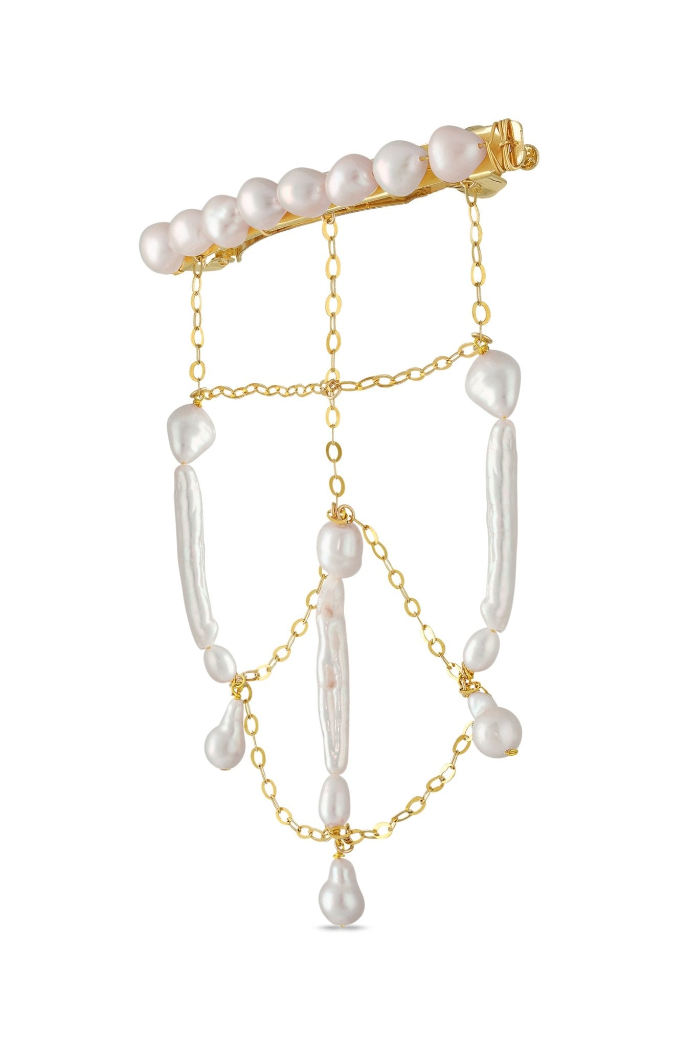 Gold freshwater pearl draped barrette with hair chain design. 