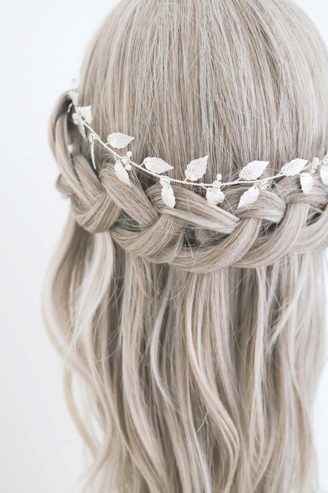 Stirling Silver Leaf and Fresh Water Pearl Crystal Hair Circlet Grazes a Bridal Braid. 