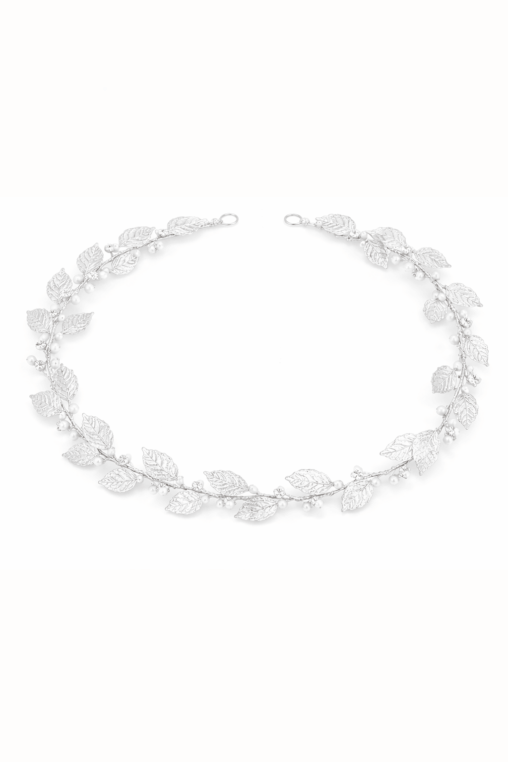 Gold leaf hairvine with freshwater pearls and crystals on a white background. Bridal hair accessories handmade in Canada by BIPOC bridal designer