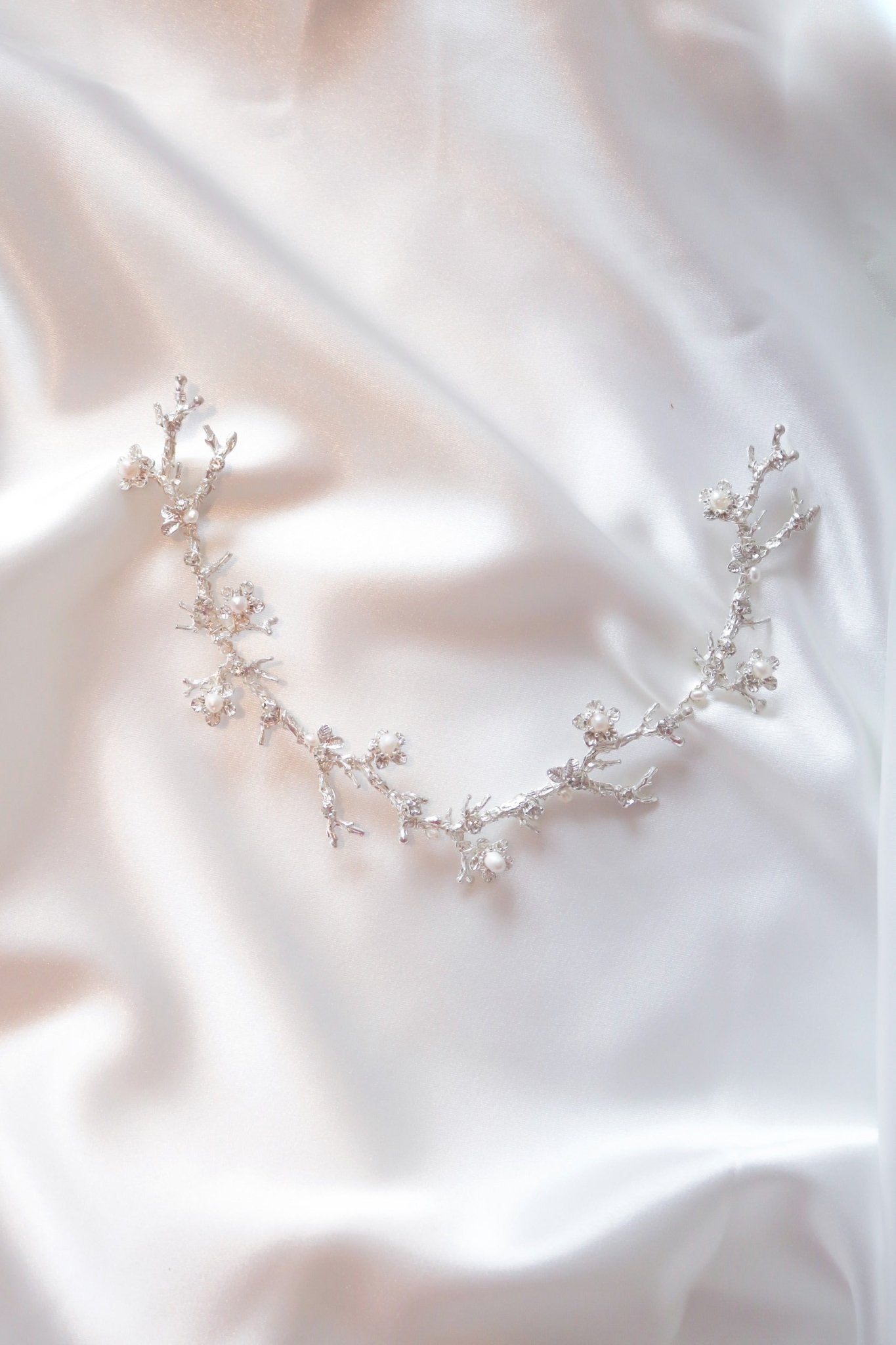 Anthea bridal jewelry hair vine with silver and freshwater pearls. Floral branches.