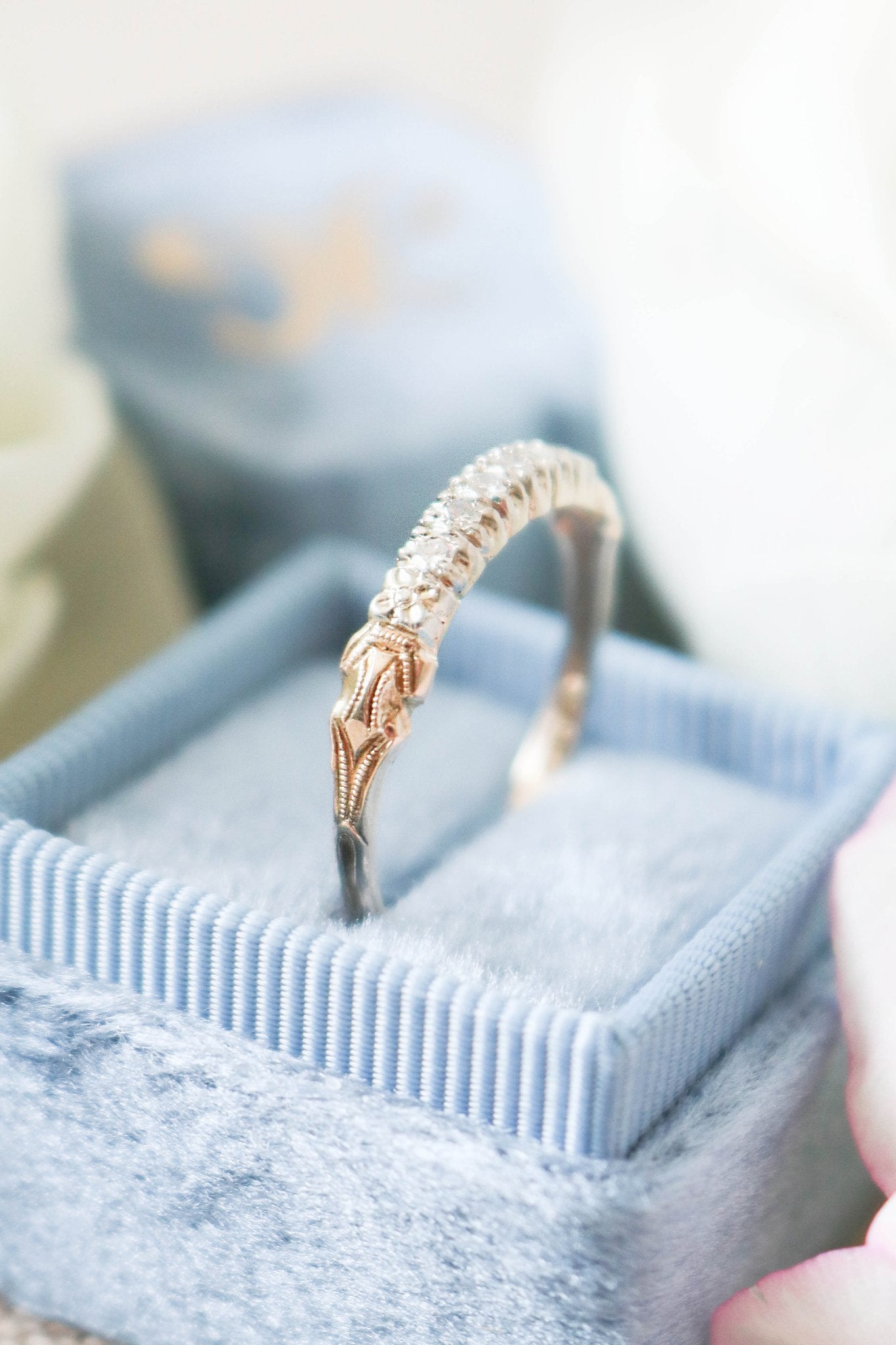 Aria Art Deco Diamond Engagement Band/Wedding Band in 14ct Gold sitting in a baby blue ring box. 