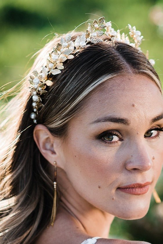 Artemis Leaf and Pearl Crown in Gold with Freshwater Pearls Adorning a new bride.