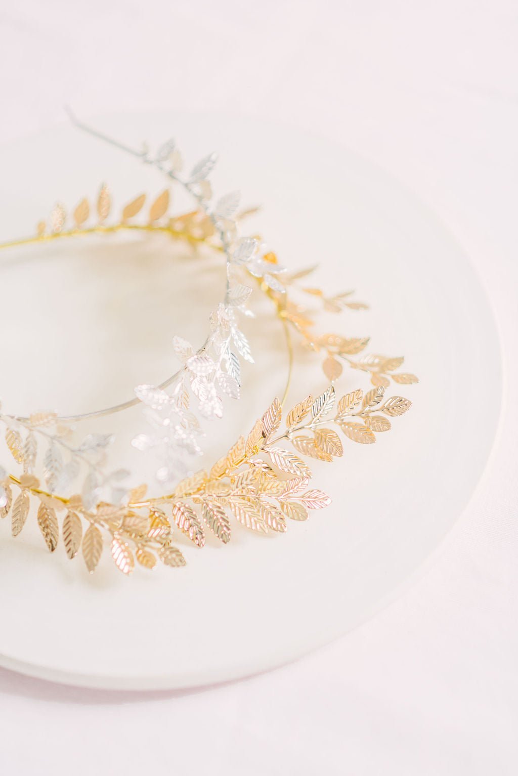 Gold and Silver bridal hair accessories. Two laurel headbands. 