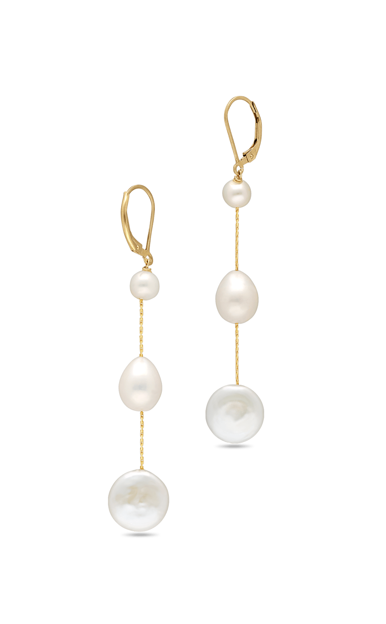 A pair of gold-filled 3 pearl drop dangle earrings.