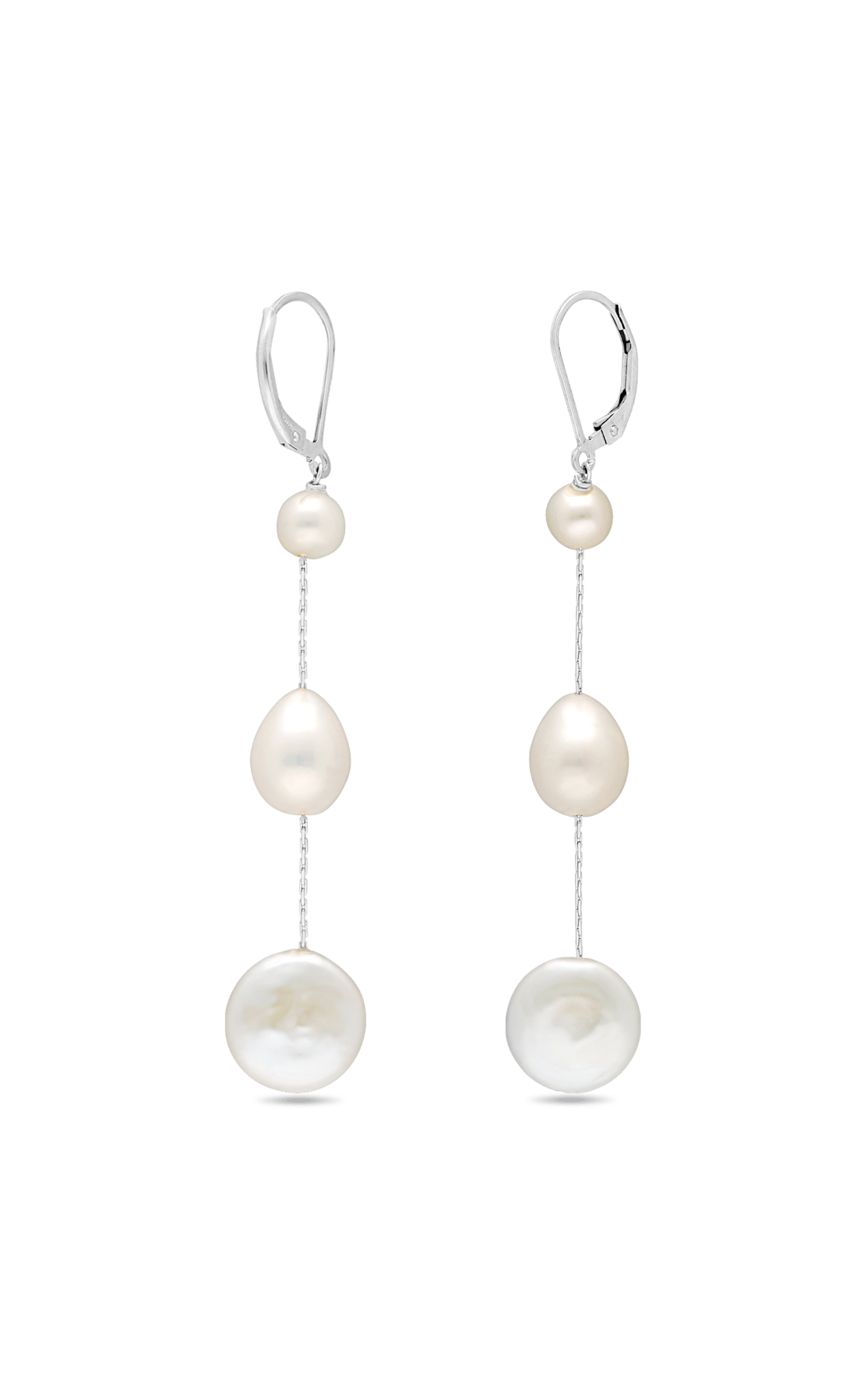 A pair of sterling silver freshwater pearl drop dangle bridal earrings. Bridal jewelry Canada.