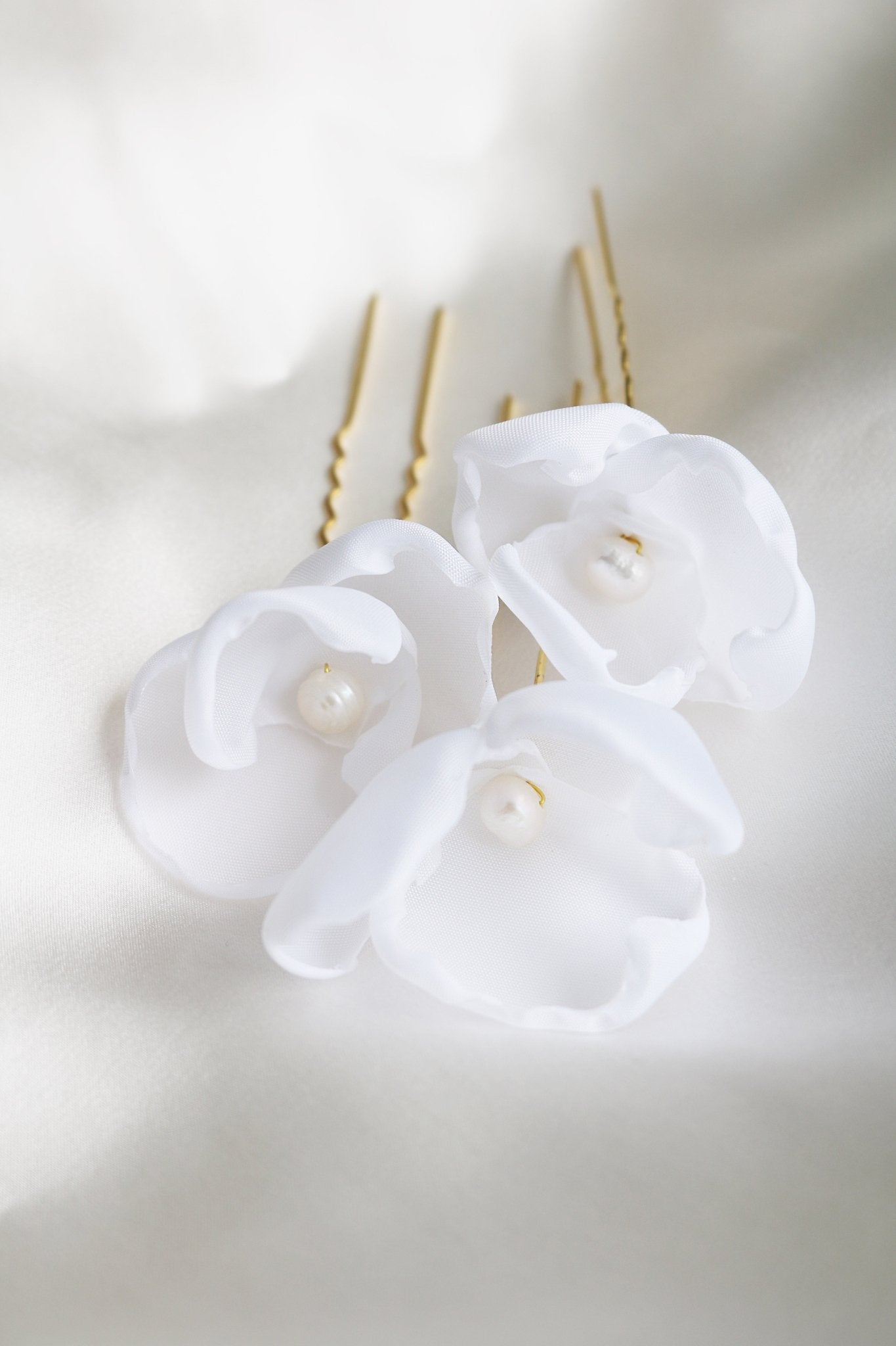 Three Averie Floral Hairpins with Freshwater Pearls and Fabric Flowers. 