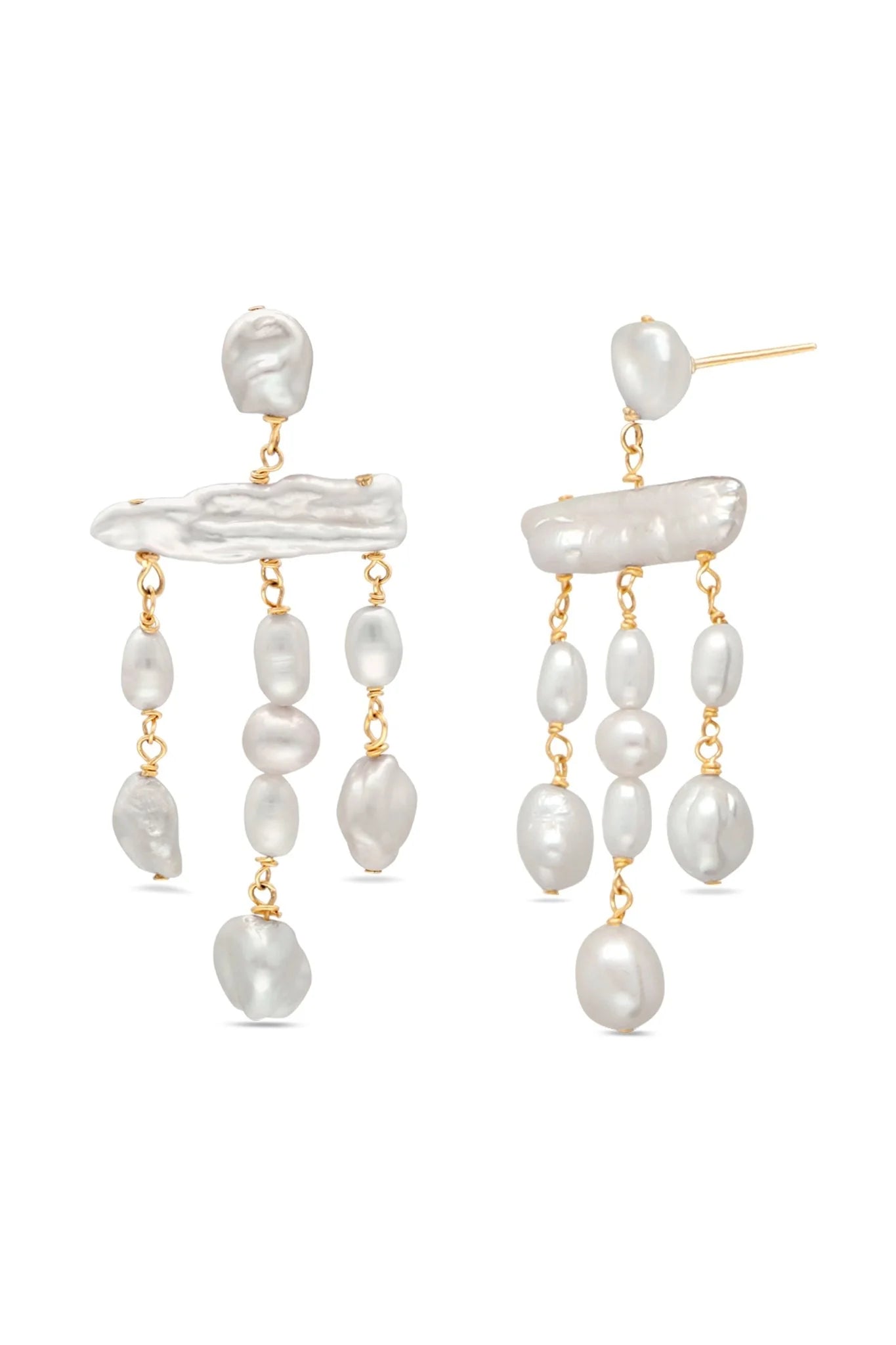 Gold-filled freshwater pearl chandelier dangle earring studs on white background. Pearl bridal jewelry & statement bridal earrings handmade by a Woman-owned Canadian jewelry brand