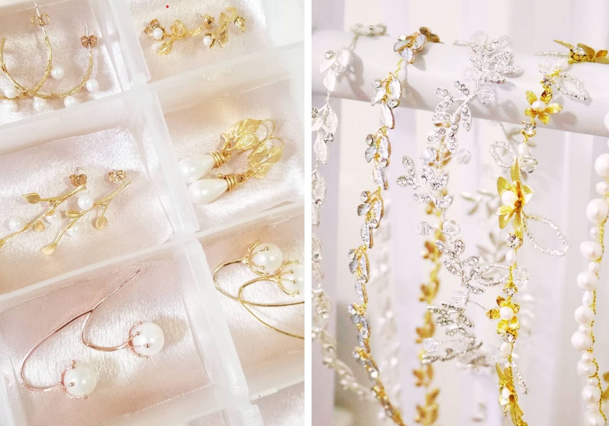 A two photo collage; several pairs of gold-filled freshwater pearl bridal earrings in plastic container & several gold & silver bridal hairvines with crystal & pearls on white pole