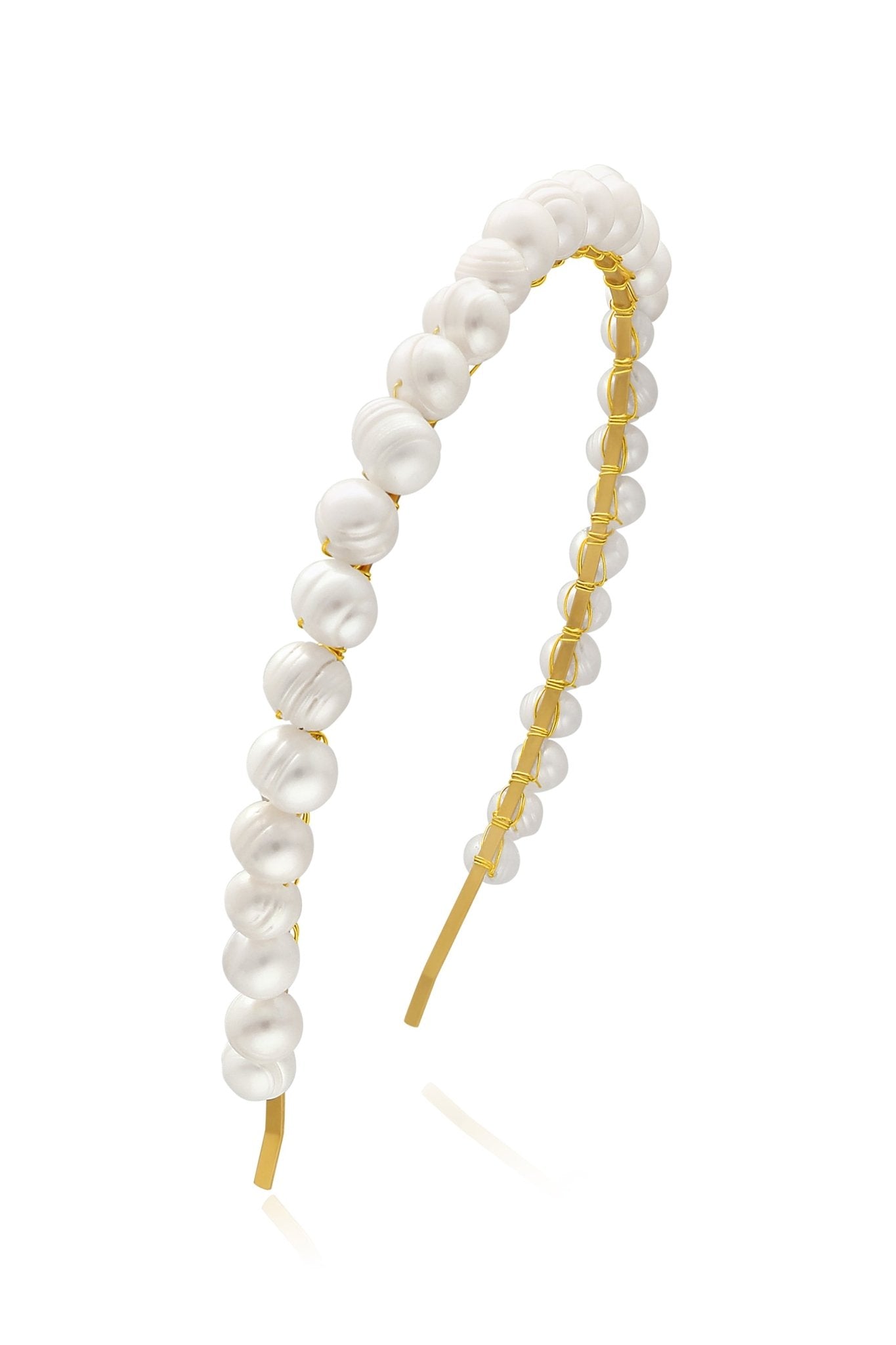 A gold bubbled freshwater pearl bridal headband for wedding accessories.