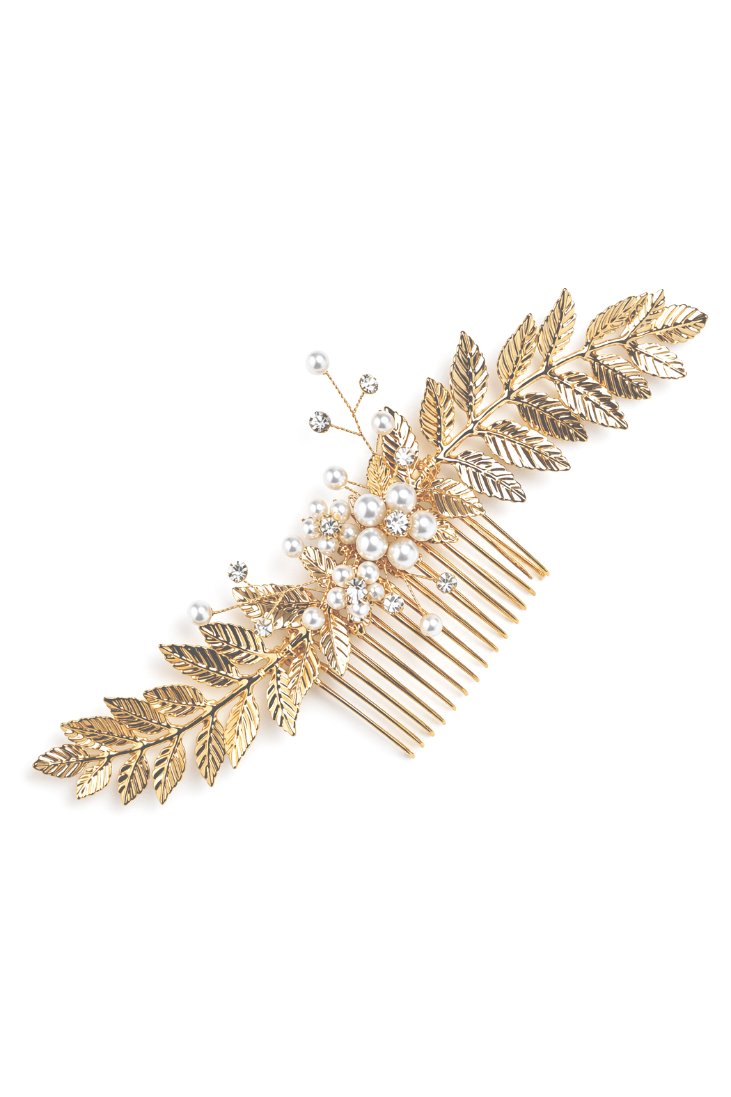 A bridal hair comb with pearls, crystals, and golden leaves lays on white background. Bridal Hair Accessories. Bridal Accessories. Canadian Bridal Accessories. Handmade Canadian Accessories. Canadian handmade Accessories. Canadian weddings. Wedding Canada. pearl accessories. Pearl Bridal Hair Accessories. Pearl Bridal Accessories.