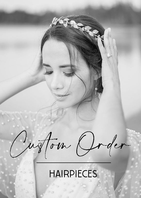 A bride holds on to her leafy crown in black and white with the words, "Custom Order Hairpieces" overtop. 