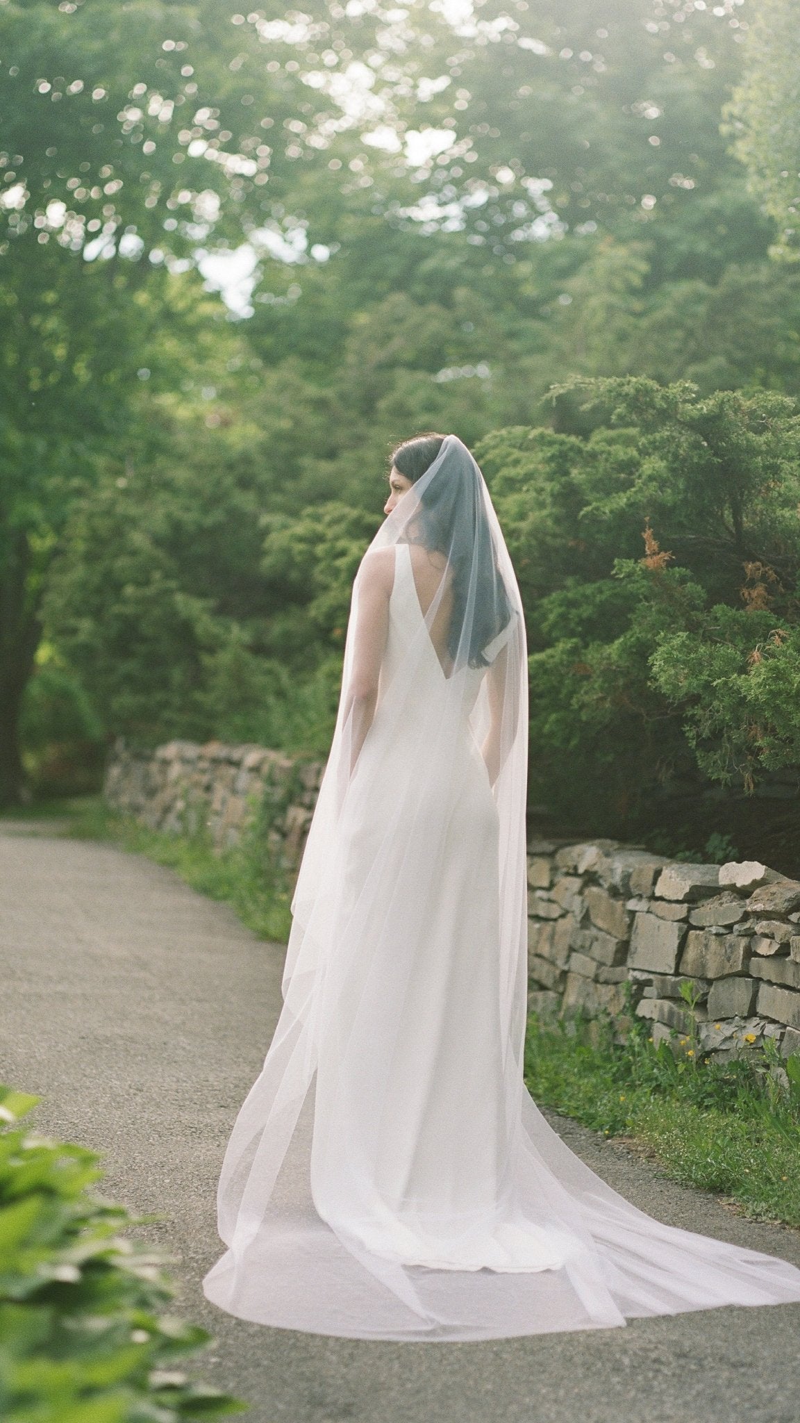 A wedding Veil drapes down a bride's back to the ground behind her on a country road. 