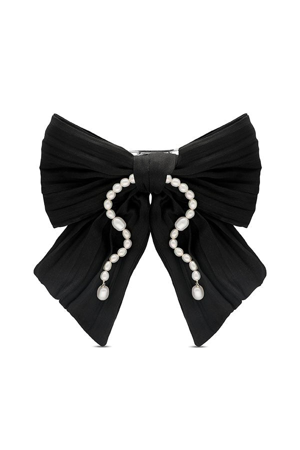 Black satin Delphine Bow with strings of freshwater pearls.