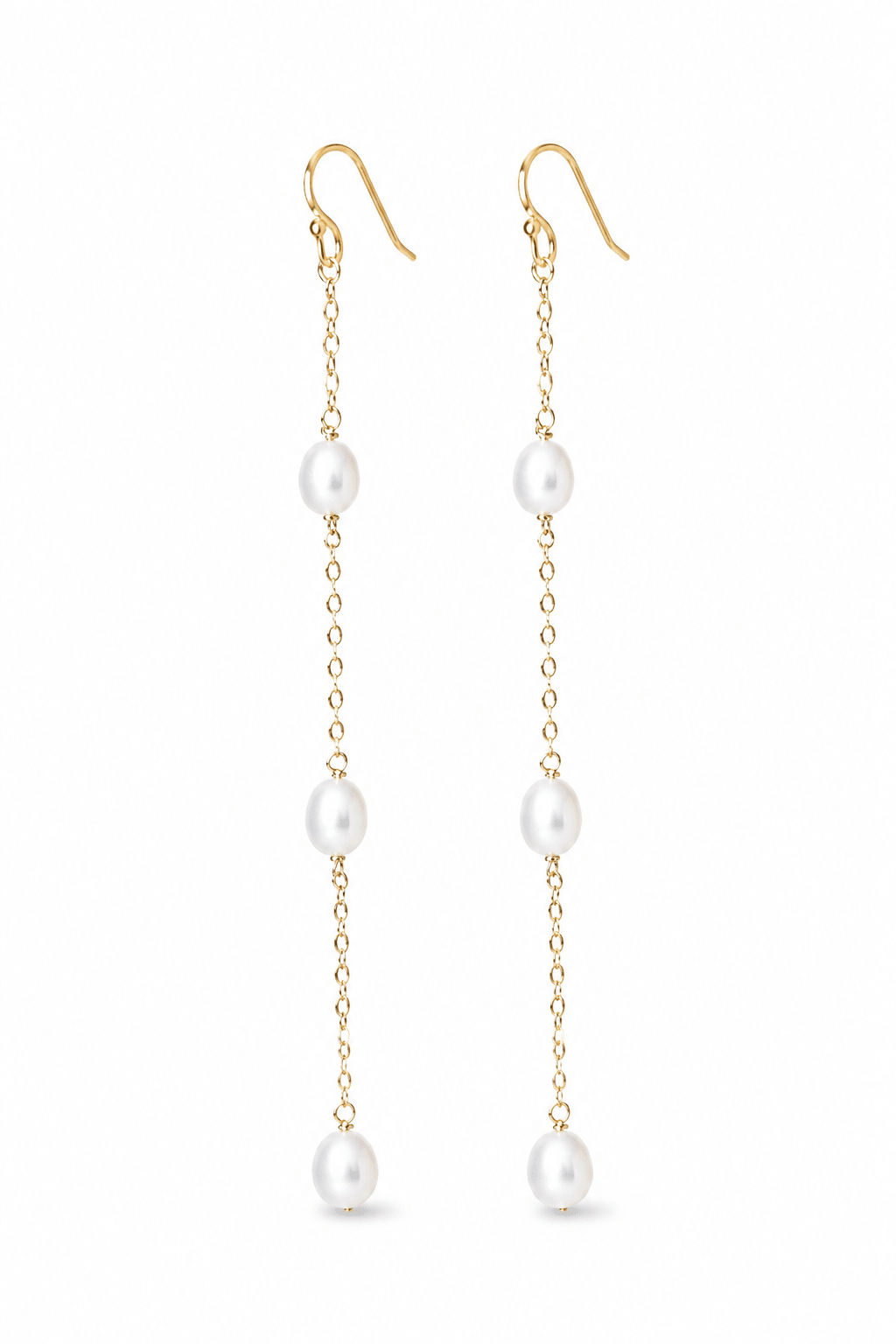 A pair of gold filled fresh water pearl drop earrings with four white pearls on each earring, shown against a plain white background.