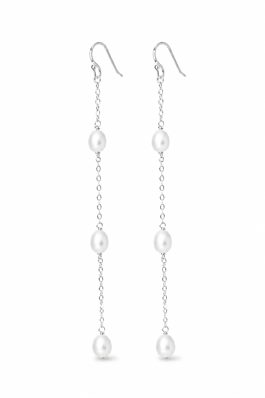 A pair of silver freshwater pearl drop earrings with three white pearls on each earring, shown against a plain white background.