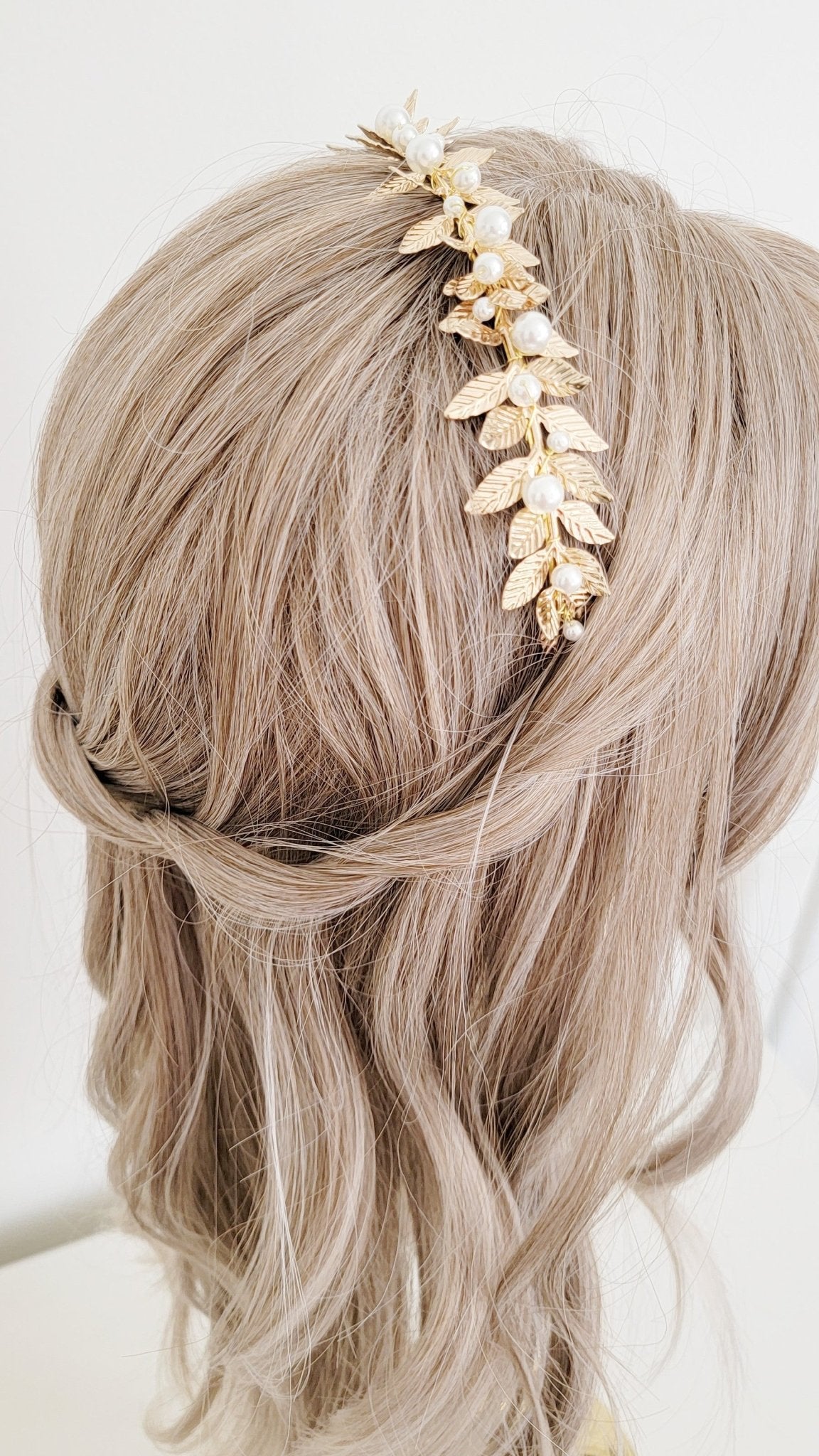 Dione Leaf and Pearl Headband in Gold for Bride.