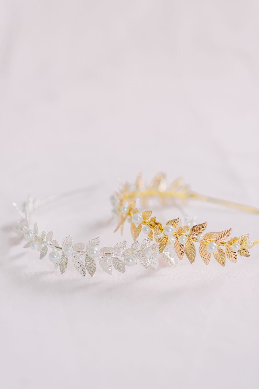 Gold and Silver full laurel leaf headband with fresh water pearls for bridal. 