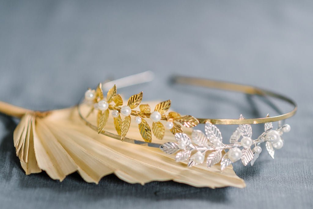 Gold and Silver bridal headbands with partial leaf section adorned with pearls. 