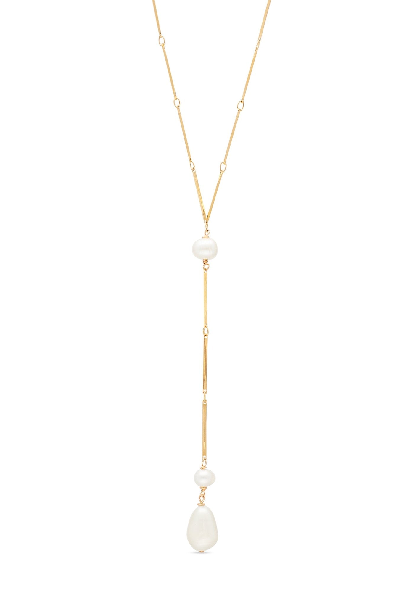 Long-link gold-filled drop necklace with freshwater pearls. 