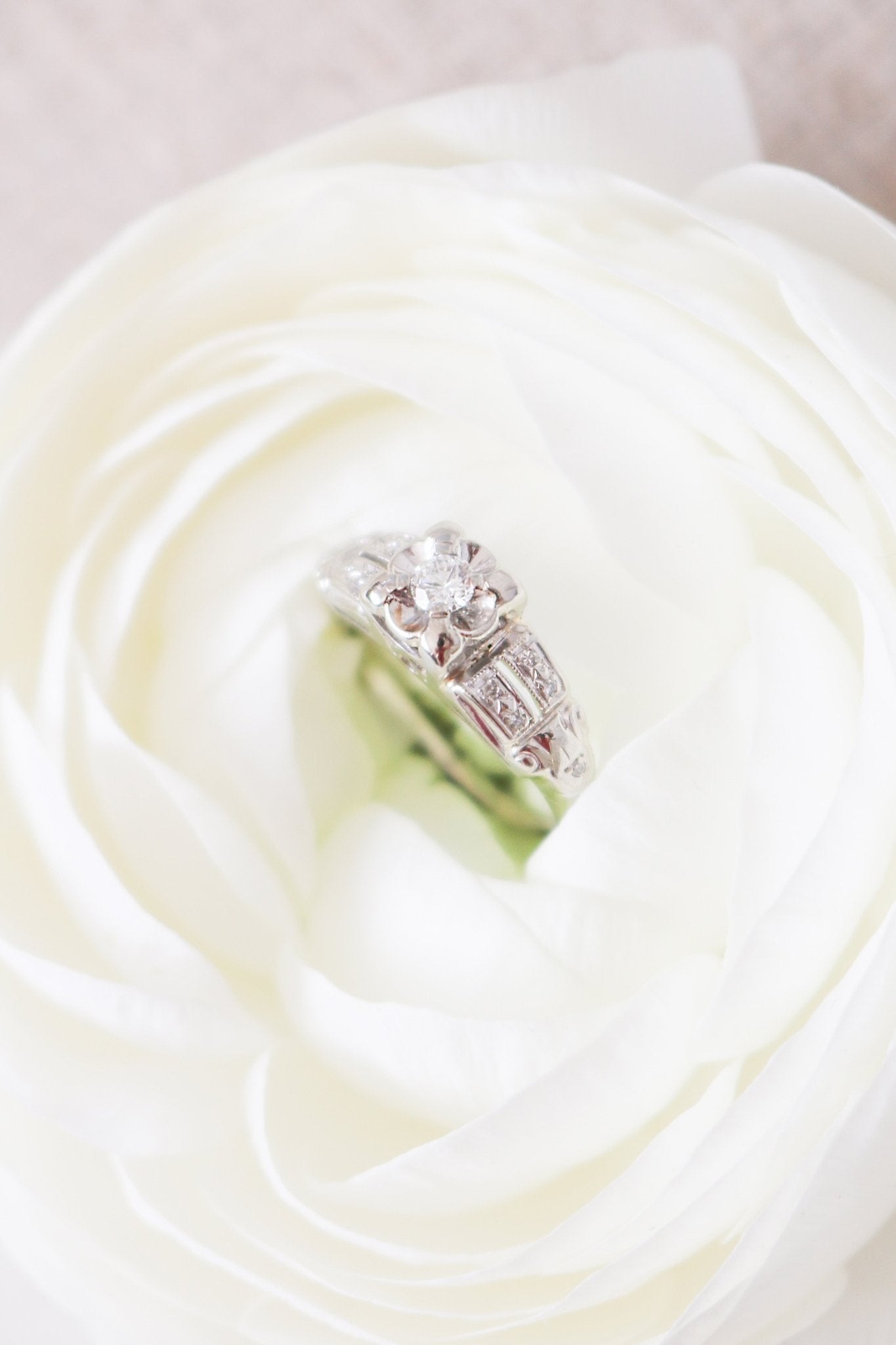 14k White Gold and Diamond Vintage Engagement Ring sits inside a white rose. 