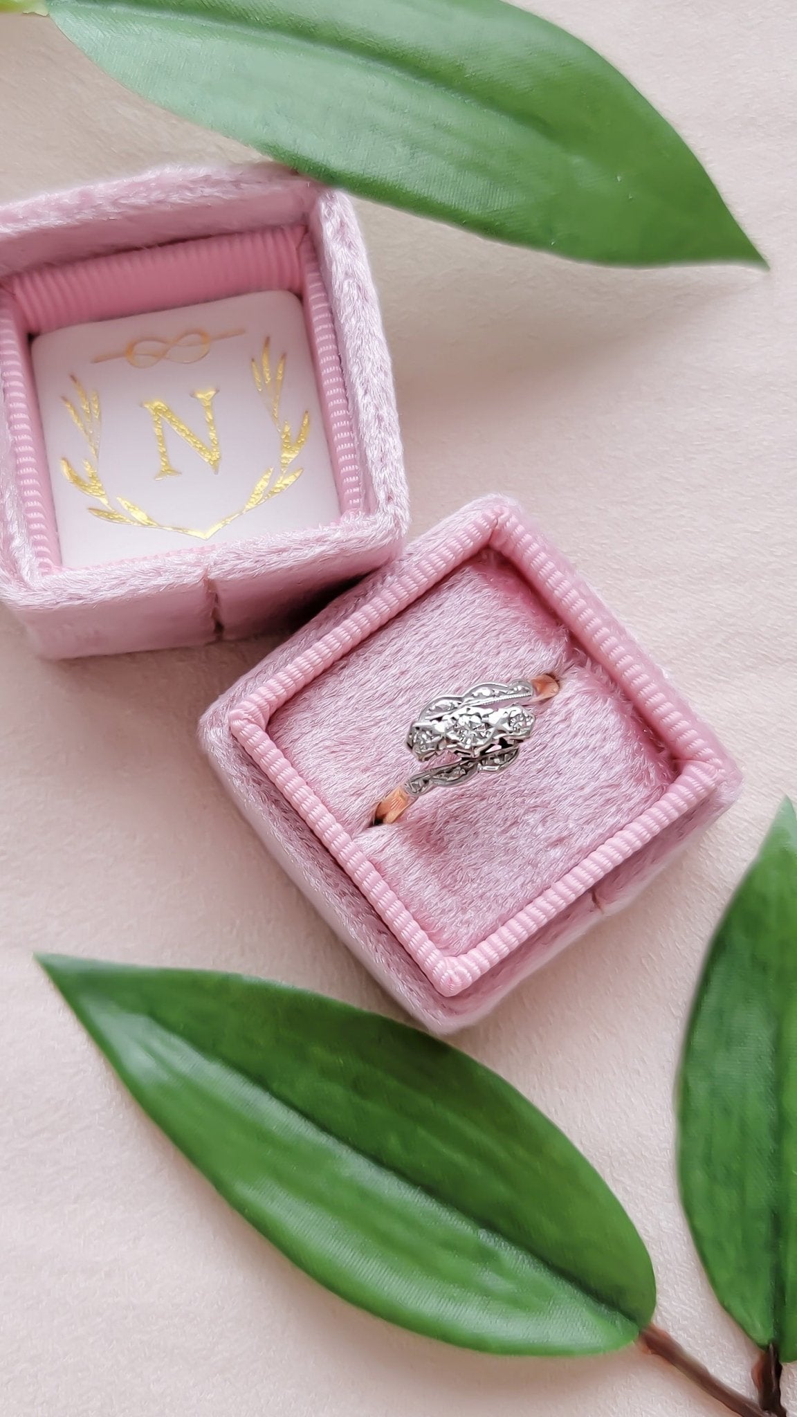 18ct Gold and Platinum Diamond Vintage Engagement Ring in a ring box surrounded by leaves. 