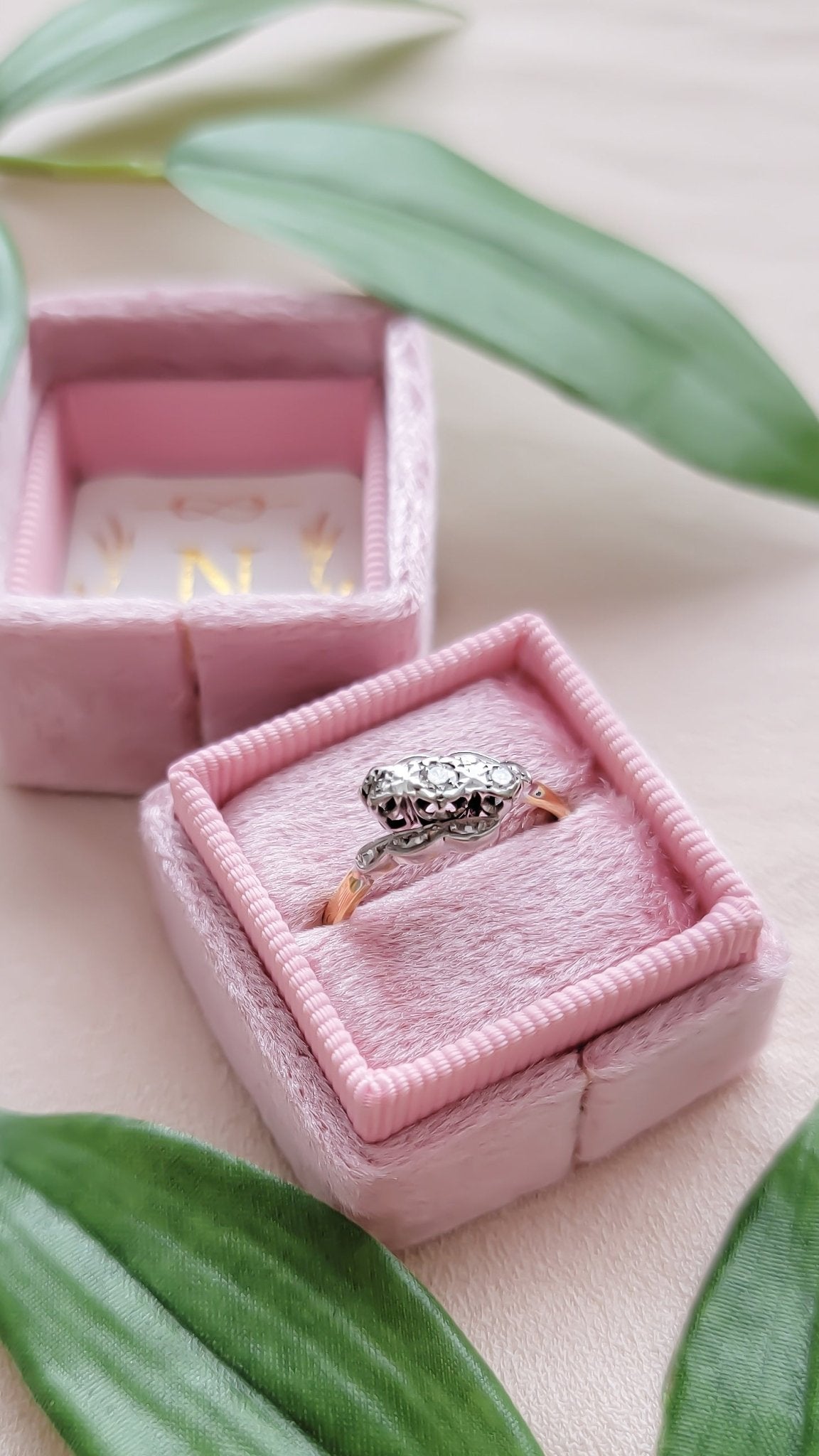 18ct Gold and Platinum Diamond Vintage Engagement Ring in a ring box surrounded by leaves. 