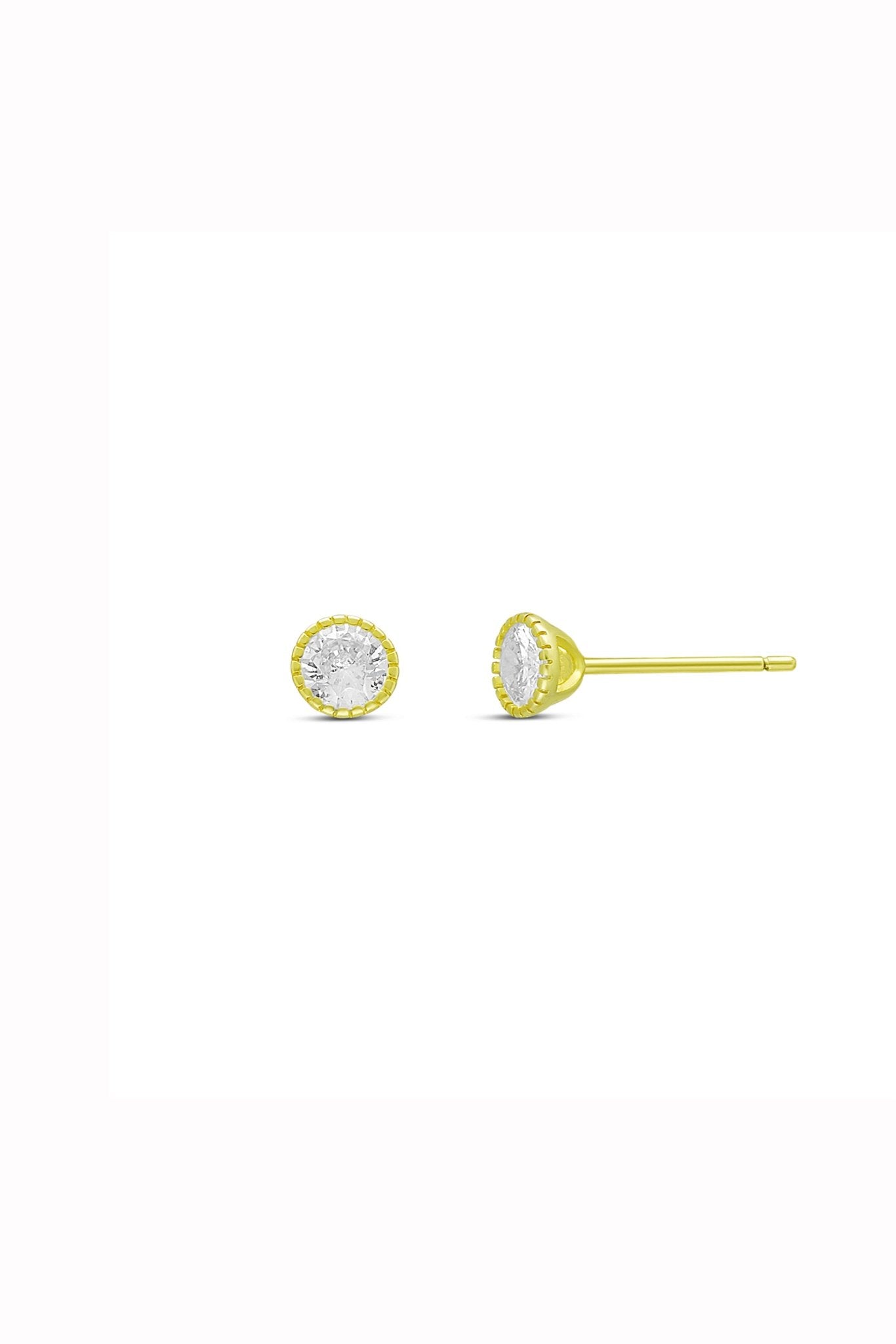 Large circular cubic zirconia crystal studs in 14k gold-filled on white background. Affordable jewelry. Handmade Canadian jewelry. Everyday jewelry. Statement Earrings.