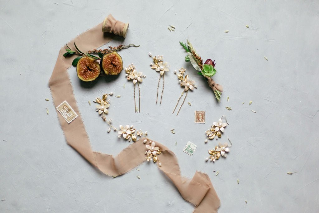 Evanthe Fresh Water Pearl and Flower Hairpins with Matching Earrings and Hairvine.