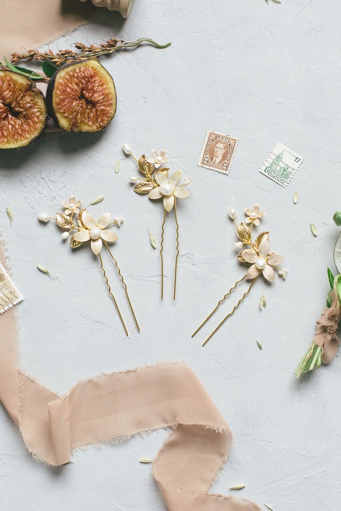 Evanthe Fresh Water Pearl and Flower Hairpins for weddings.