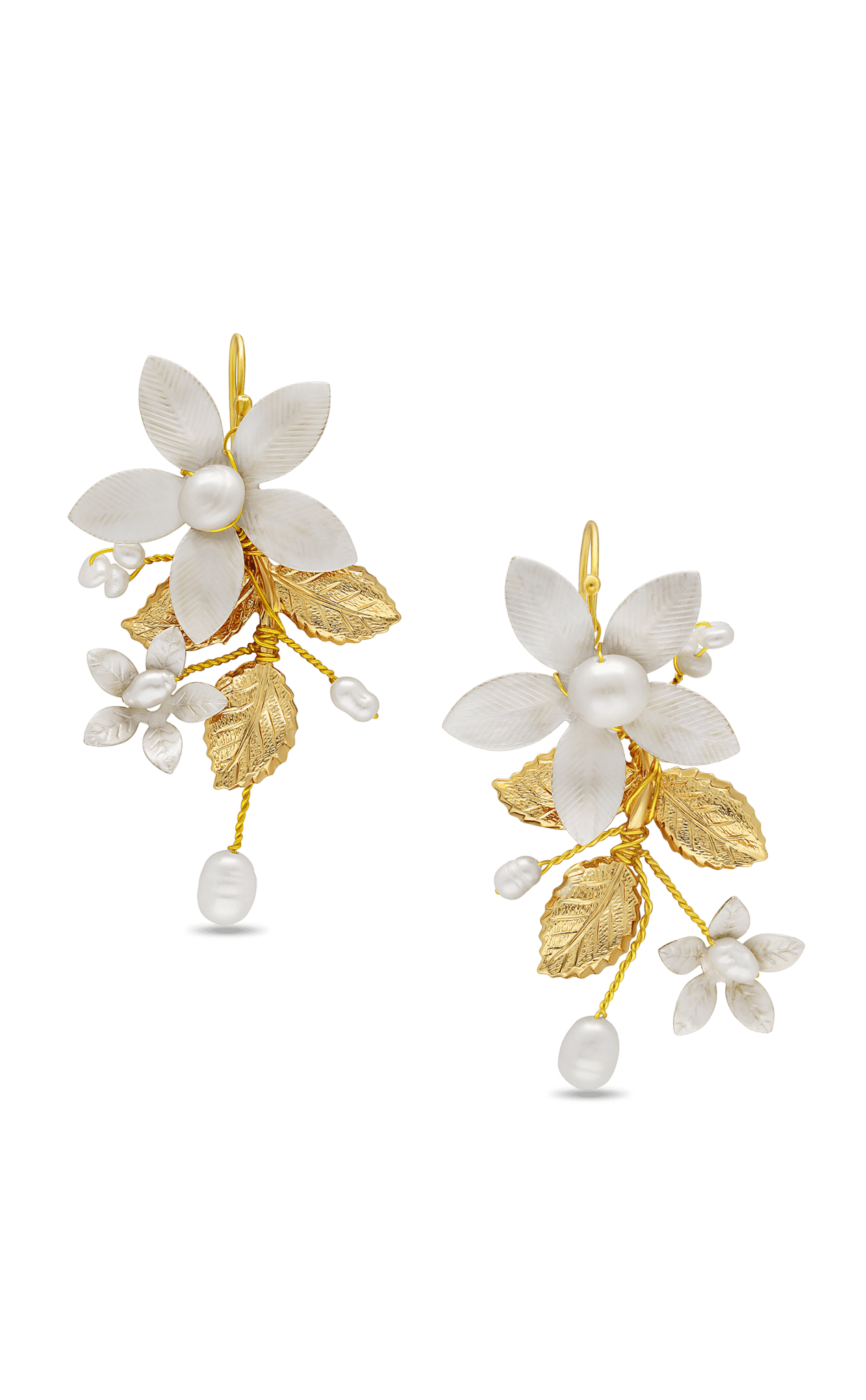 A Pair of gold-filled enamel flower earrings with fresh water pearls.