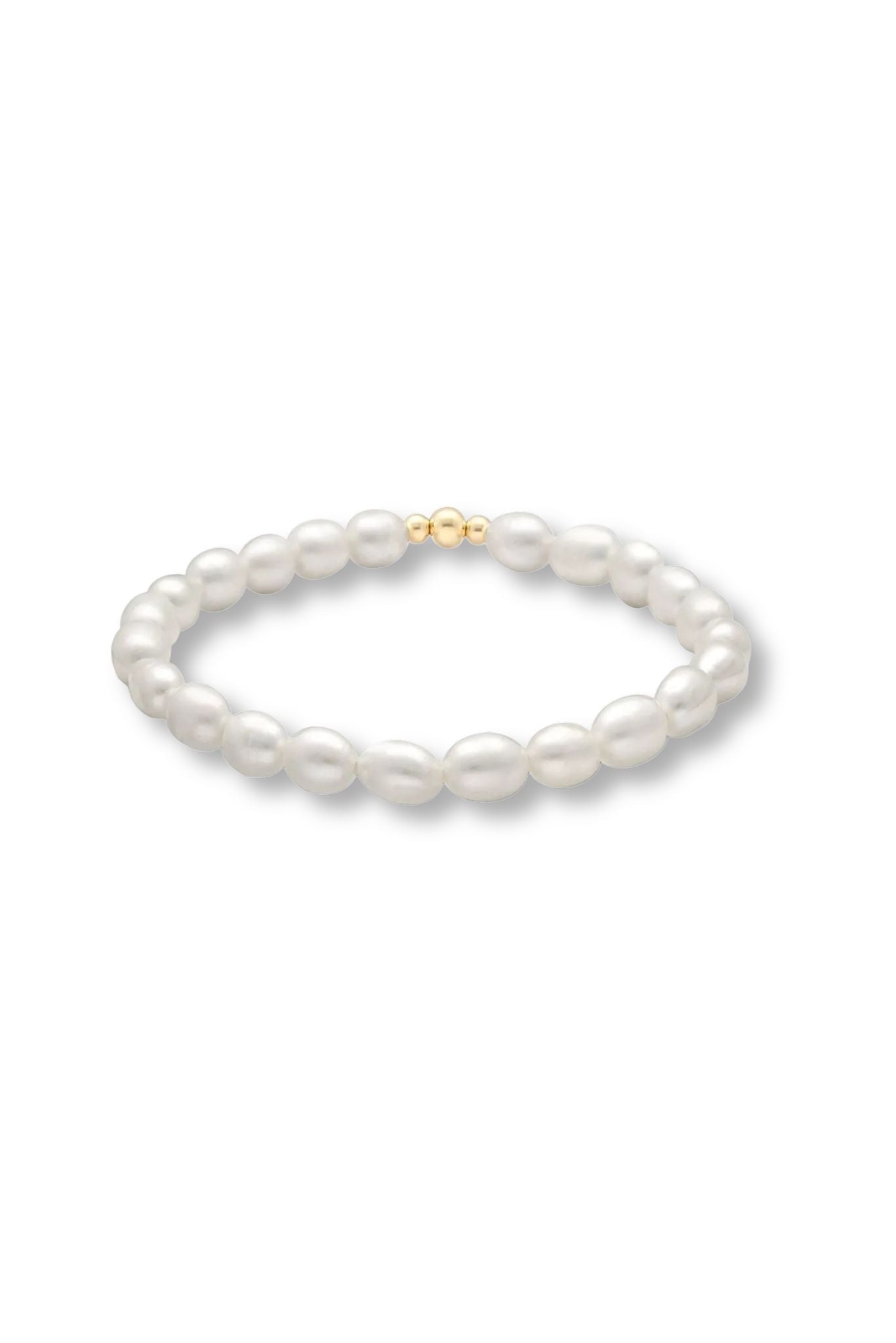 Fresh water pearl bracelet with three gold beads on a white background. Pearl jewelry from Canada, organic pearl jewelry, & everyday jewelry handmade by Canadian jewelry designer