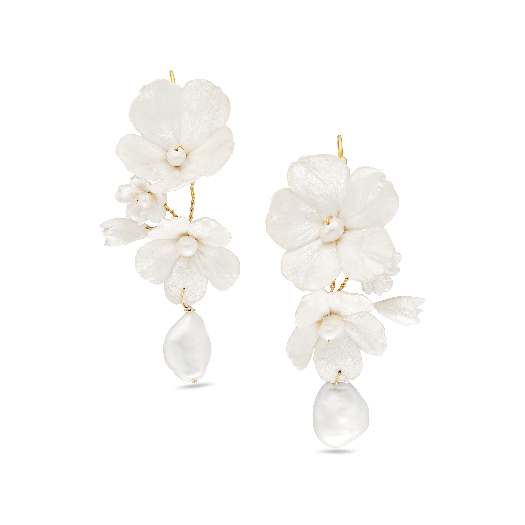 A pair of Gold wire-wrapped freshwater baroque pearls with enamel flowers all white. 