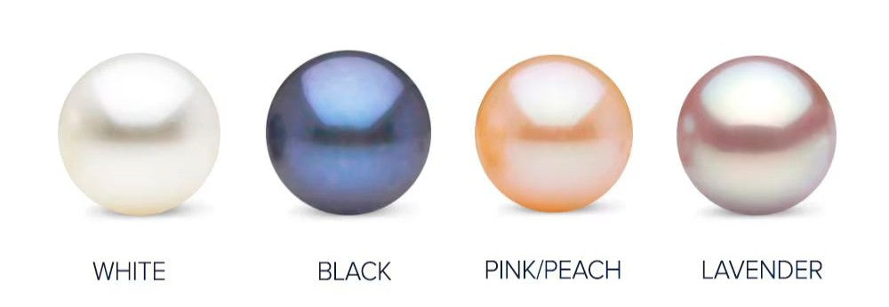 Four freshwater pearls in different colors labeled as White, Black, Pink/Peach, and Lavender on a white background.